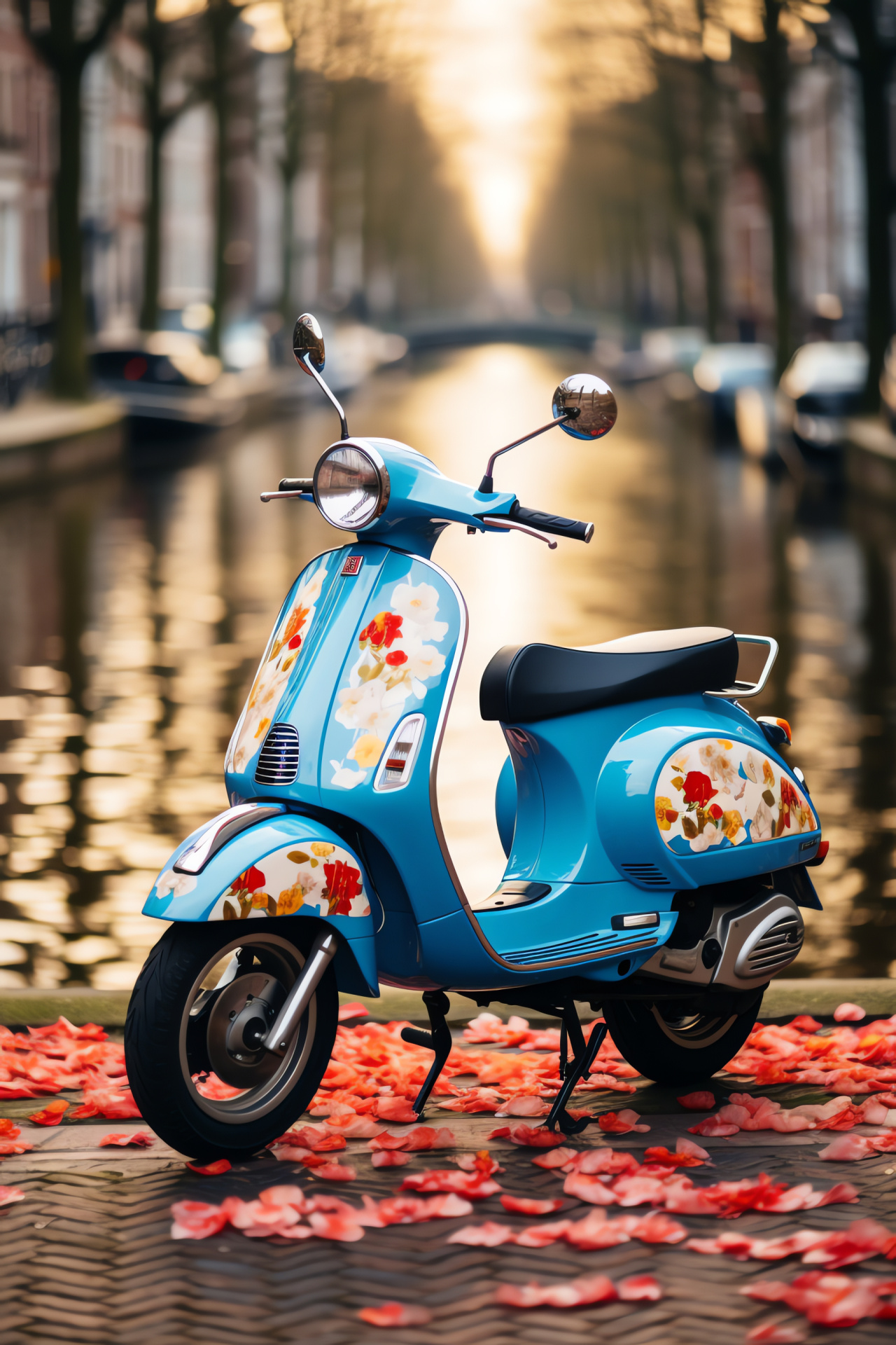 Vespa Primavera two-wheeler, Yacht Club edition, Amsterdam waterways, canal-side architecture, tulip agriculture, HD Phone Wallpaper