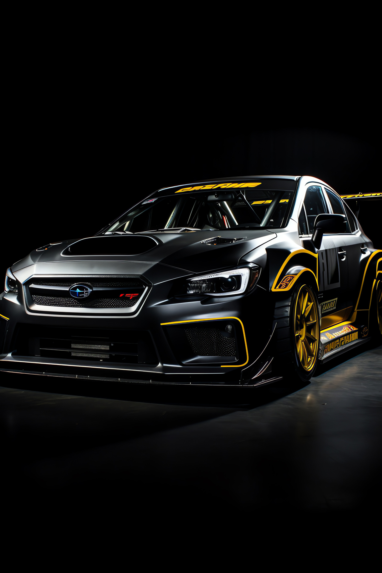 Subaru WRX STI, Rally car design, Rocket Bunny modification, Bright paint contrast, Dark scene contrast, HD Phone Wallpaper