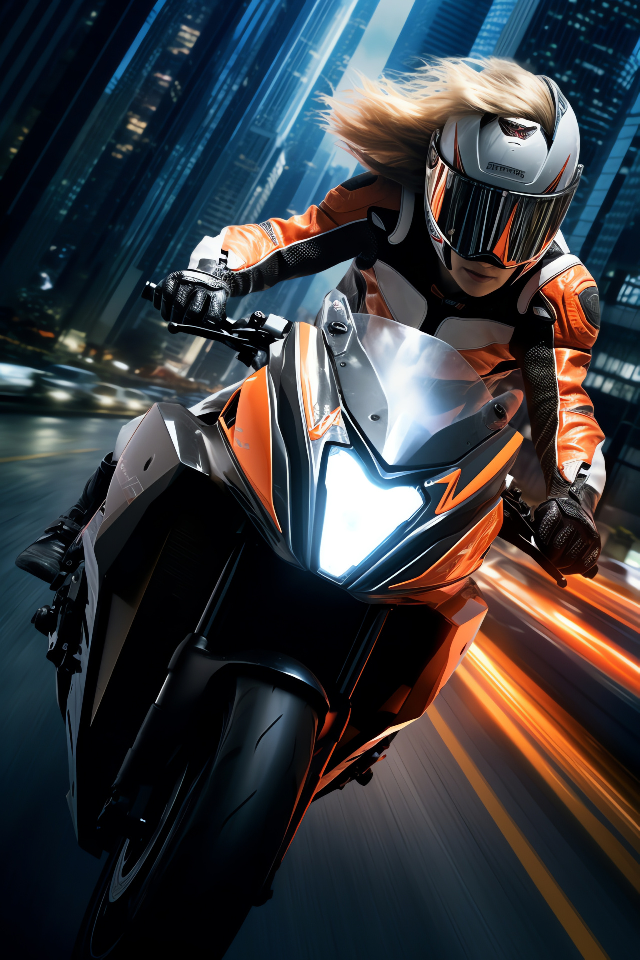 Sportbike girl in Shanghai, Modern helmet gear, Reflective visor detail, City nightlife ride, Urban skyscraper skyline, HD Phone Image