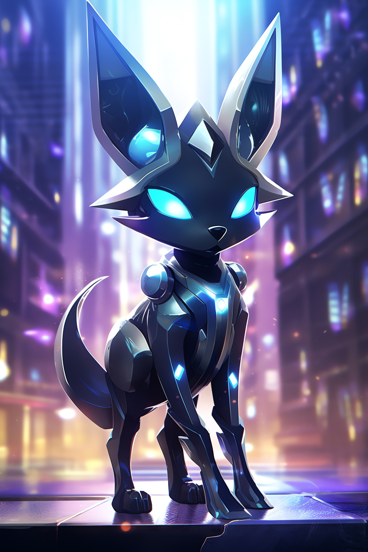 Stylish Shiny Umbreon, vector art style, neon streets scenery, advanced city depiction, sleek Pokemon design, HD Phone Wallpaper