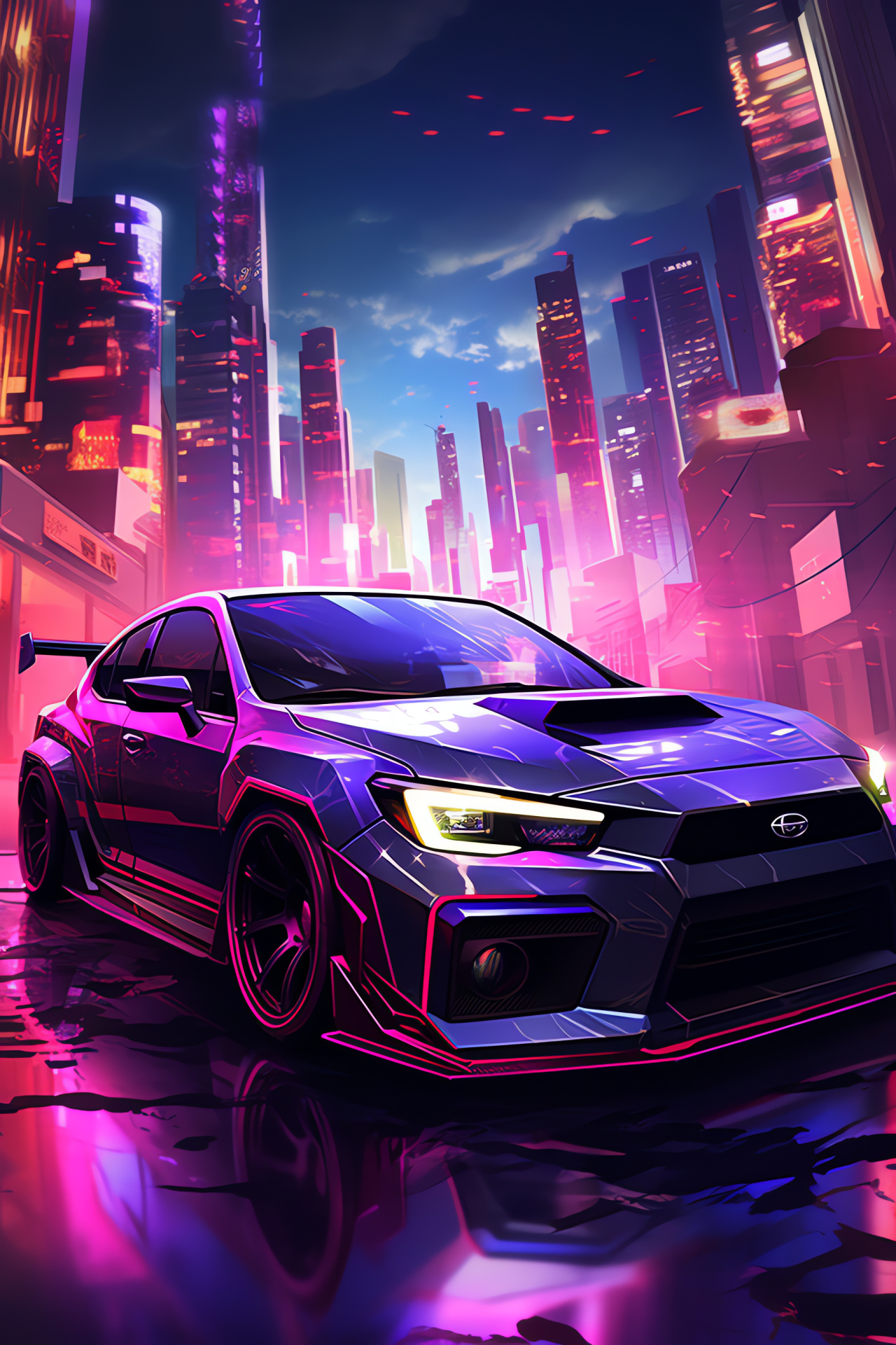 Subaru WRX Limited, Metropolis skyways, Sci-fi urban setting, Sleek black design, HD Phone Wallpaper