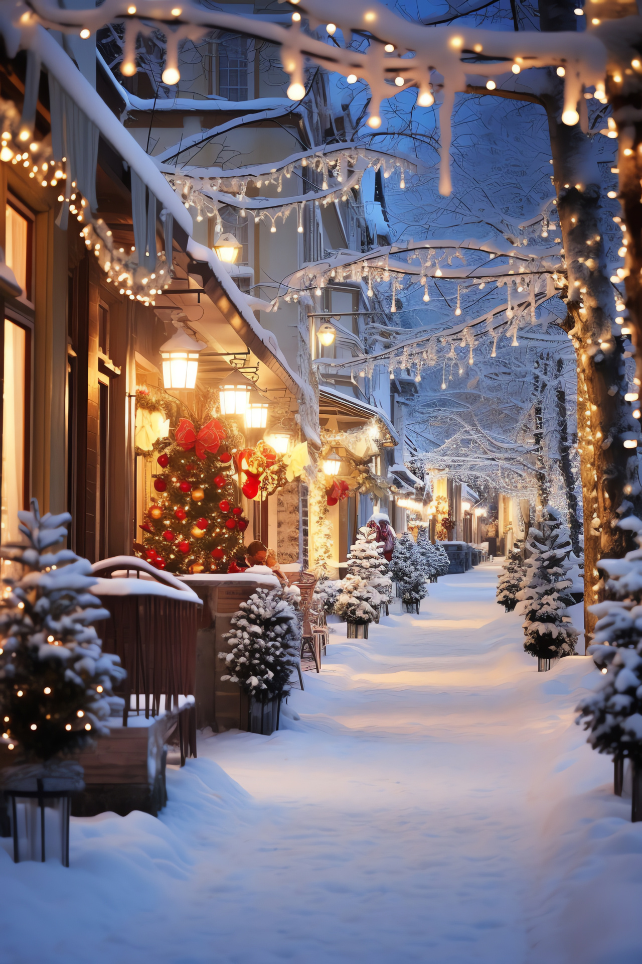 Snowy nocturne on village lane, White lights on small-town street, Seasonal shop fronts, Wintry quaint cafes, Festive evening ambiance, HD Phone Image