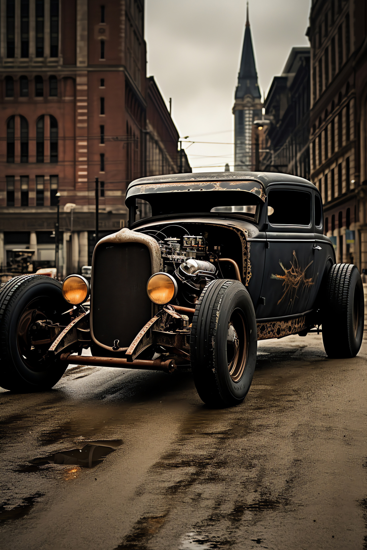 Dark Rat Rod, Detroit Craft, Unique Engine Exposed, Oversize Tire Gear, Matte Automotive Design, HD Phone Image