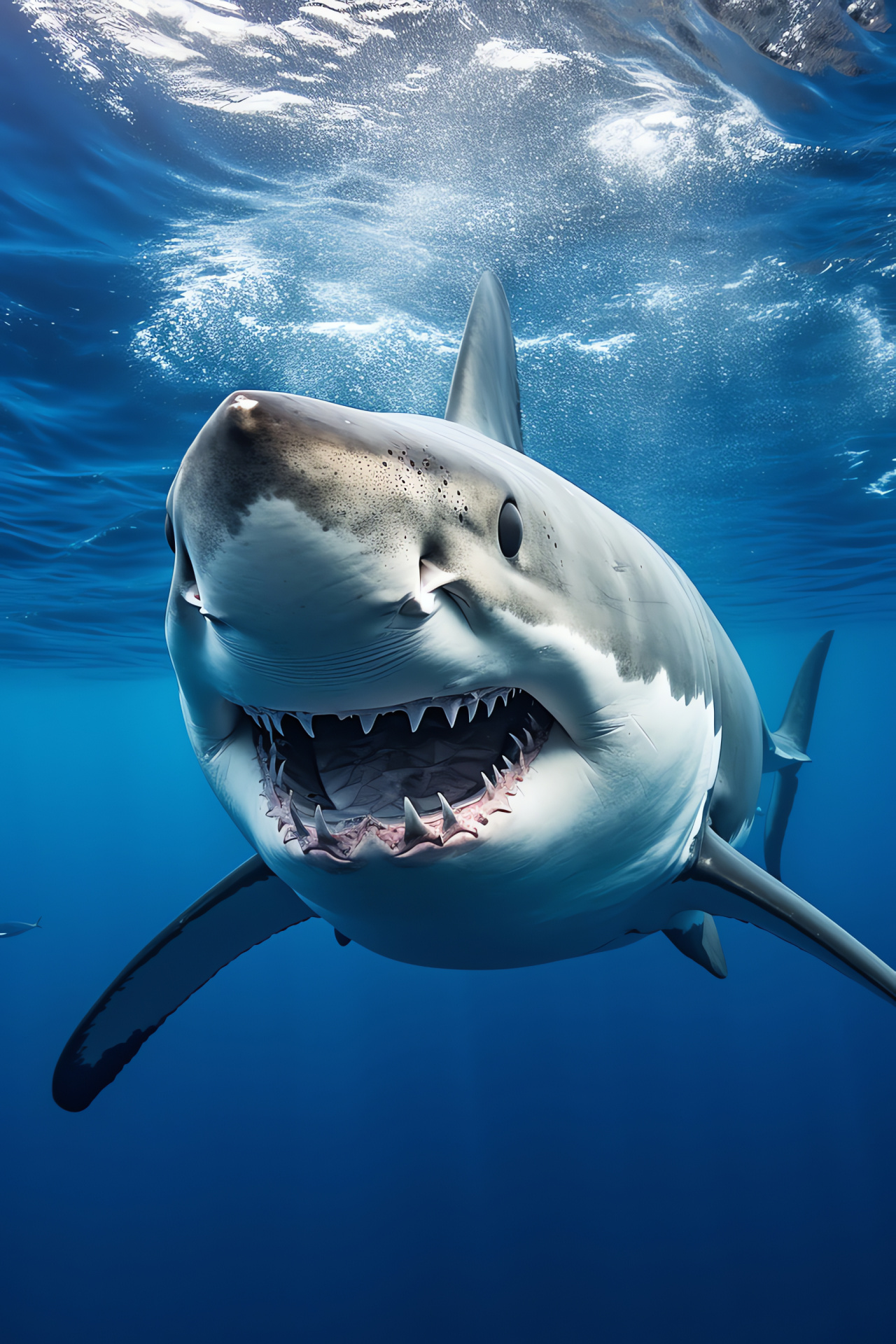 Predatory Great White shark, menacing marine gaze, neutral ocean water, Australian reef, aquatic dominance, HD Phone Image