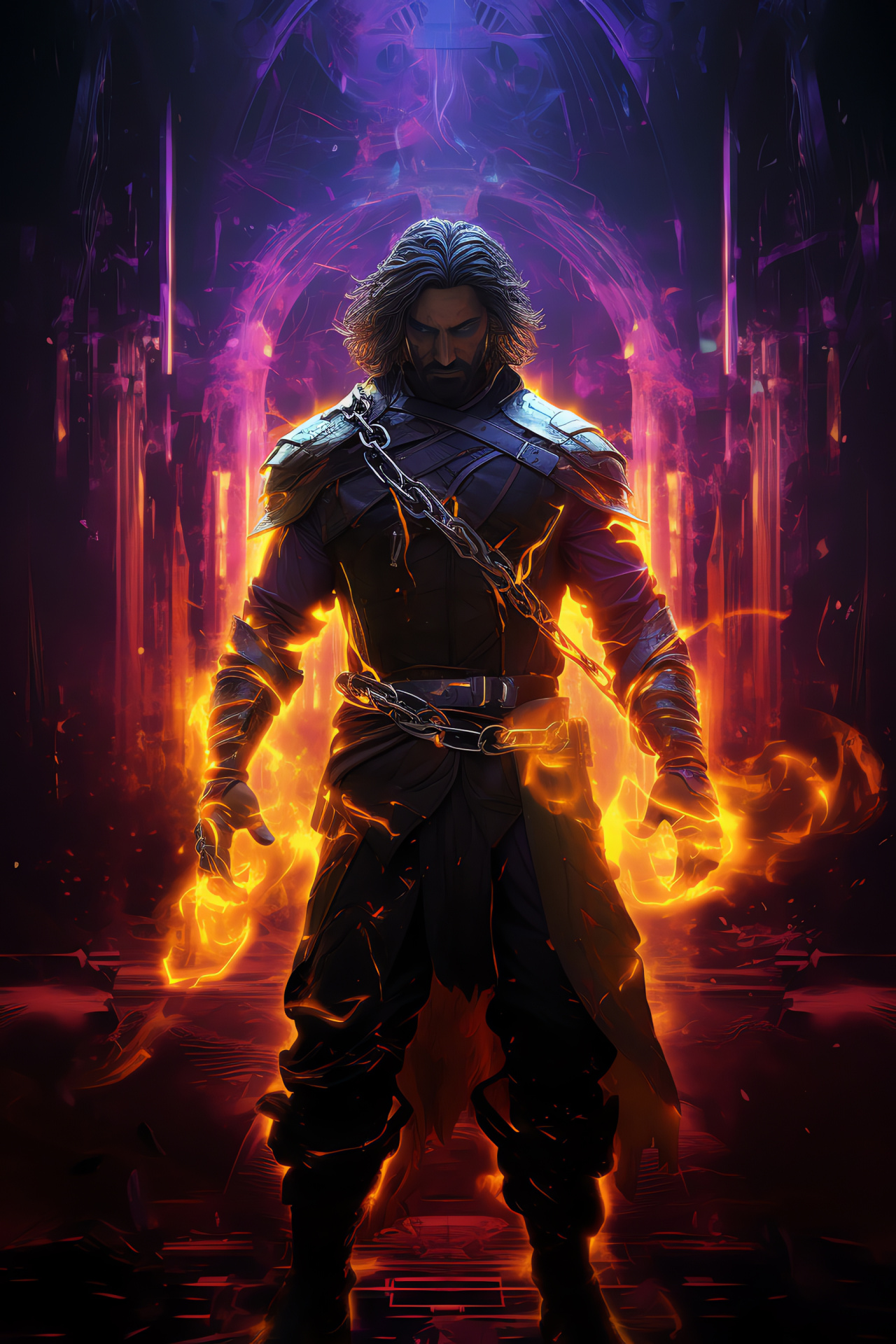 Path of Exile character Jun, Striking neon visuals, Mysterious purple gaze, Self-assured stance, Ethereal ambiance, HD Phone Image