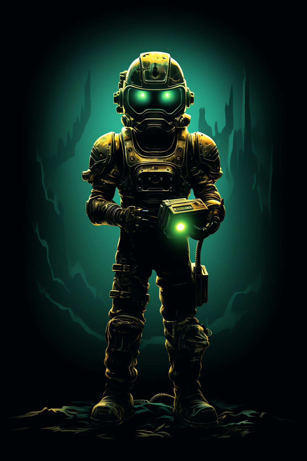 Serene Pip Boy stance, Iconic gaming tool, Green eyed portrait, Vault series relic, Black background gadget, HD Phone Image