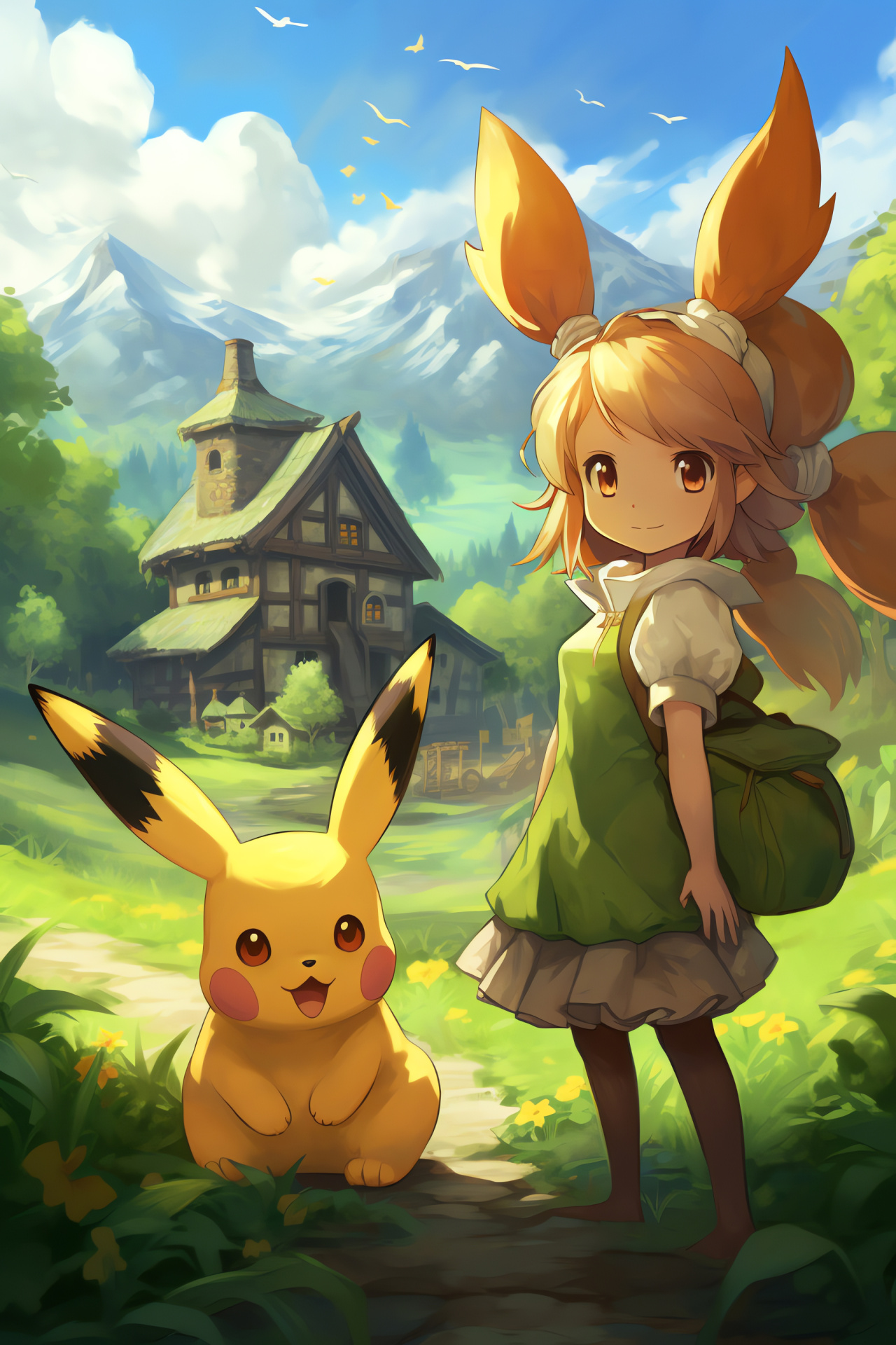 Pokemon Mystery Dungeon, Pikachu character, Eevee character, Serene Village location, lush green meadow scenery, HD Phone Wallpaper