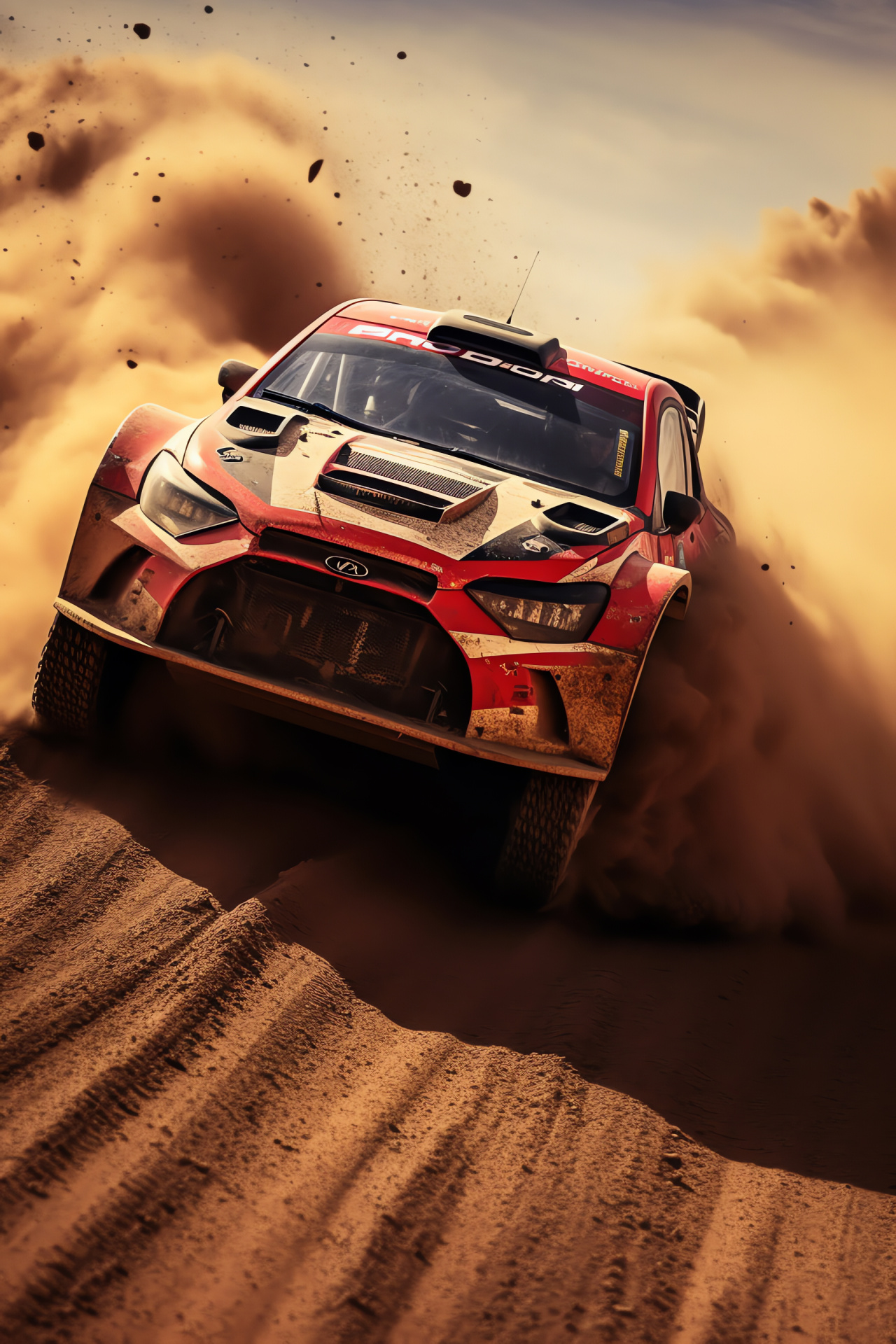 Rally Auto Dakar, arid desert race, red black team paint, tough terrain handling, expansive sandy backdrop, HD Phone Wallpaper