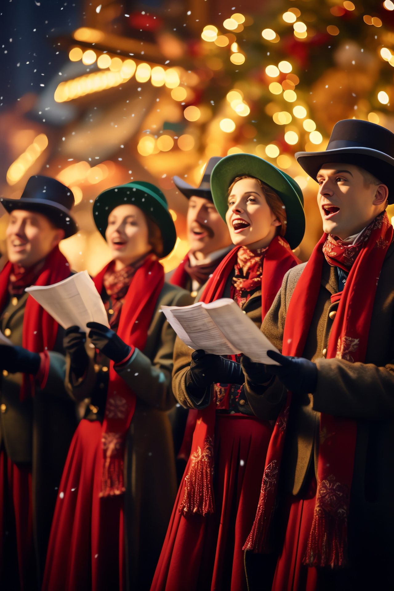 Festive group singers, Outdoor Christmas scene, Seasonal attire, Melodic tradition, Wintery night, HD Phone Image