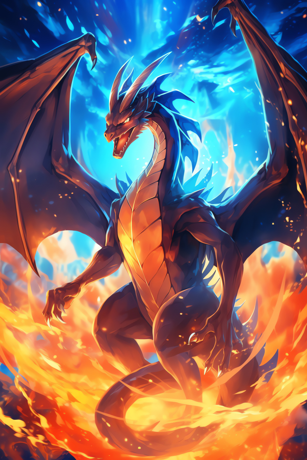 Mega Charizard inferno, gaming sprite, scarlet hide, focused intensity, widespread pinions, HD Phone Wallpaper