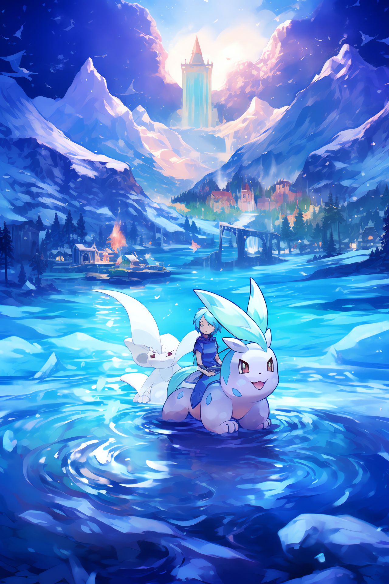 White version of Pokemon, Frigid Lacunosa vicinity, Mounted Lapras guide, Frosty liquid surface, Snow-covered hamlet, HD Phone Wallpaper