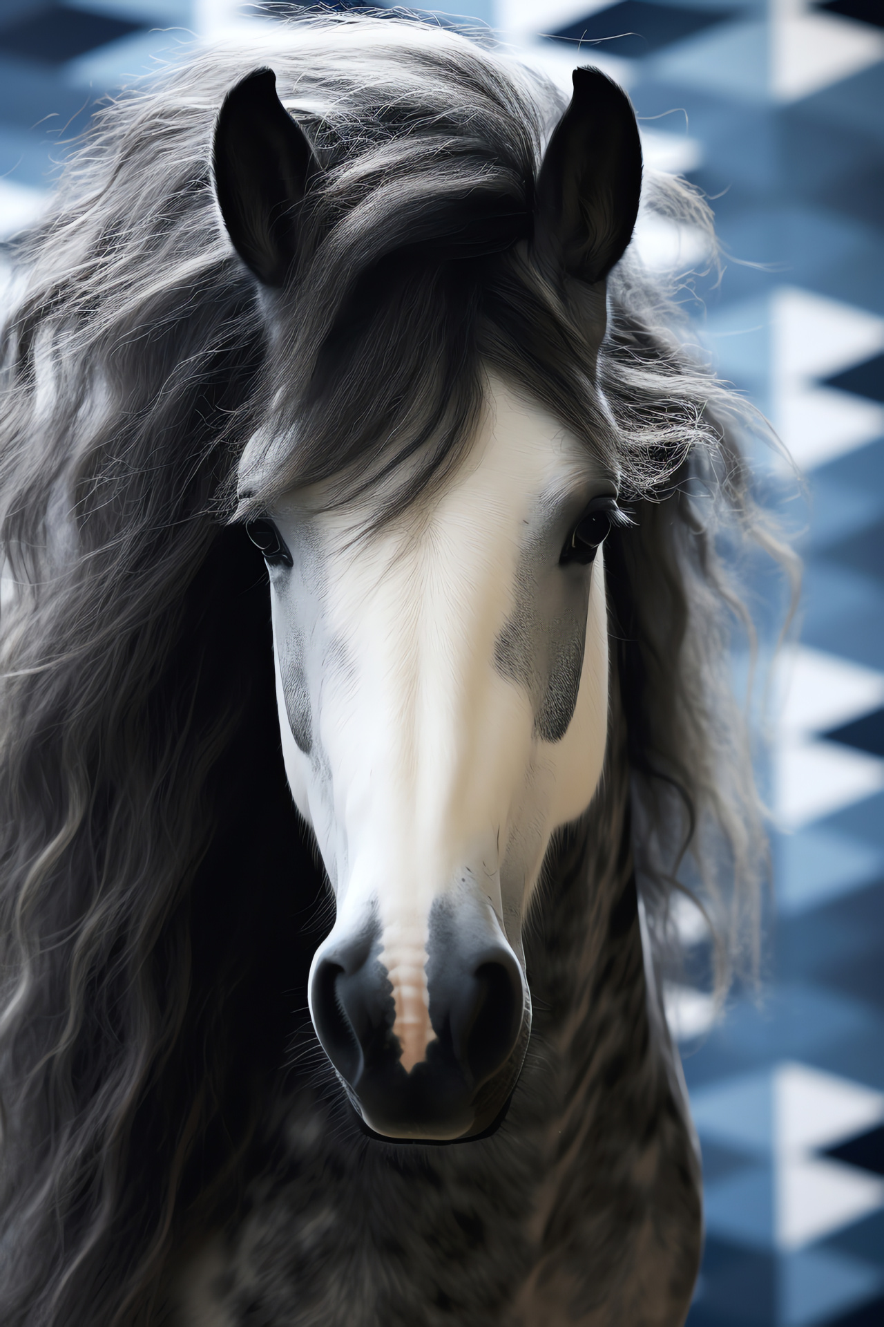 Graceful pony, elegant gray coat, twisted mane and tail, detailed close-up, abstract geometric ambiance, HD Phone Wallpaper