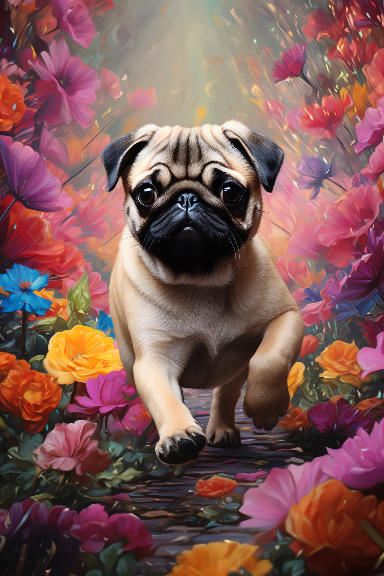 Young Pug puppy, endearing brown eyes, ruffled fawn fur, sweet wrinkled facade, surrounded by florals, HD Phone Wallpaper