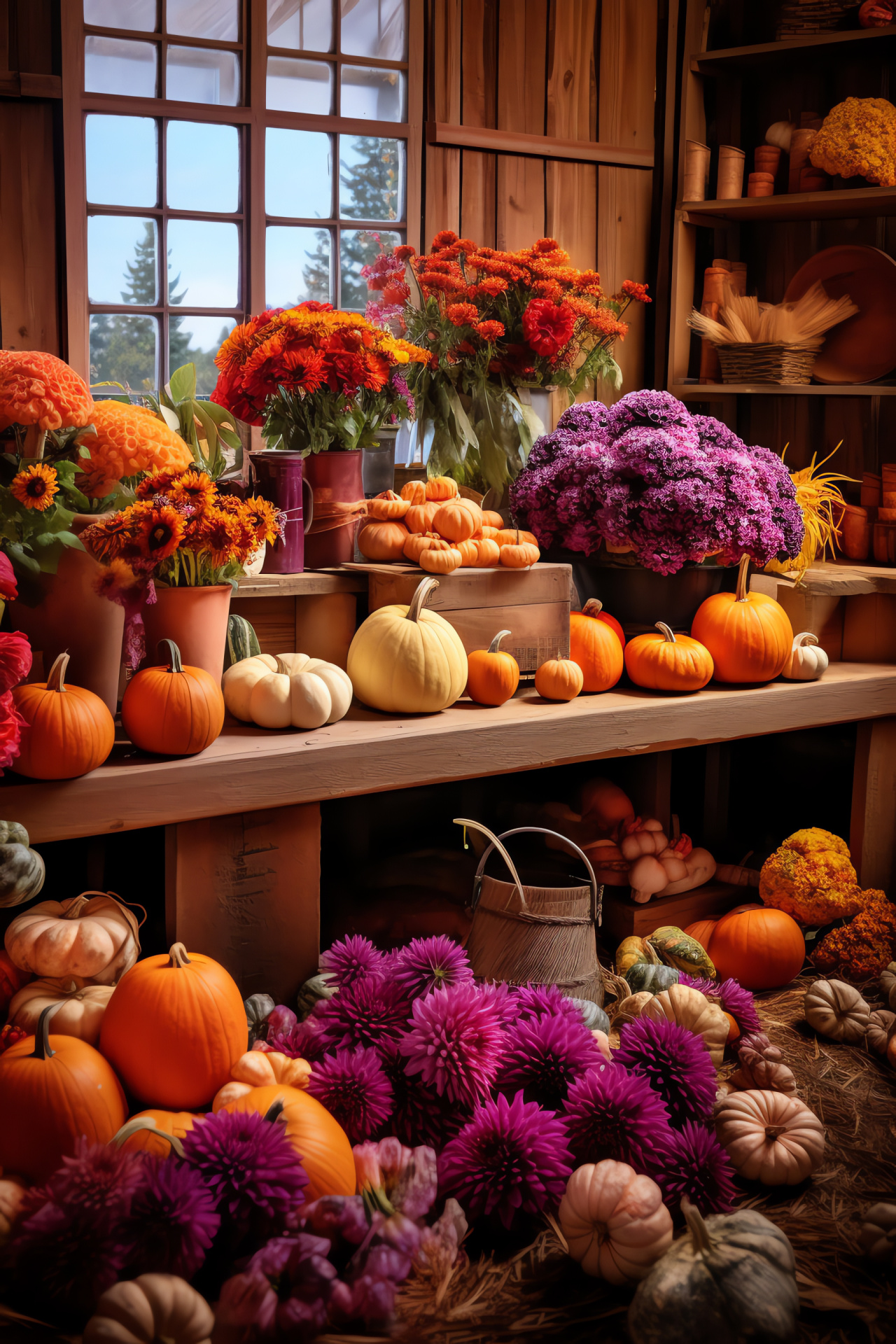 Autumn farm display, Seasonal floral arrangement, Festive table setting, Harvest pumpkin variety, Bouquet of fall colors, HD Phone Wallpaper