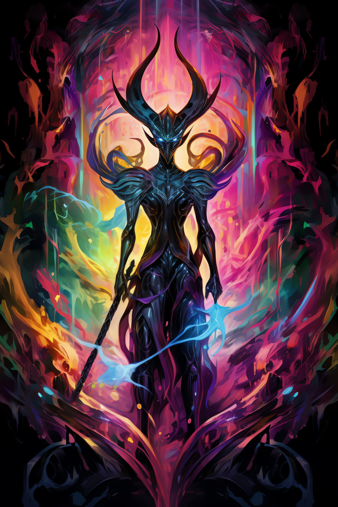 Magic: The Gathering, Nicol Bolas artwork, Mythic dragon, Magical staff, Neon illumination, HD Phone Image