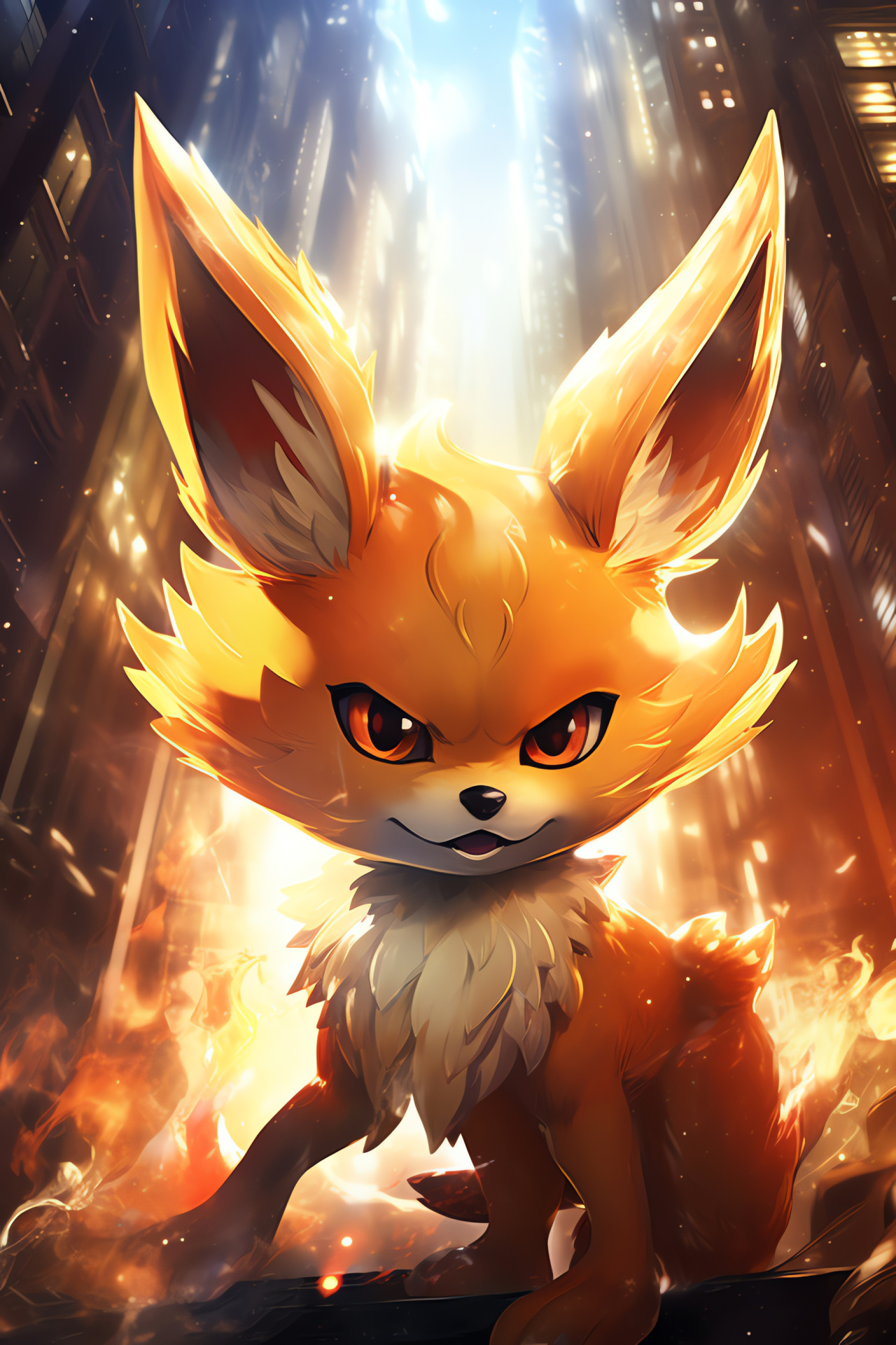 Pokemon Fennekin, Urban exploration, Technological cityscape, Bronze fur texture, Neon luminescence, HD Phone Wallpaper