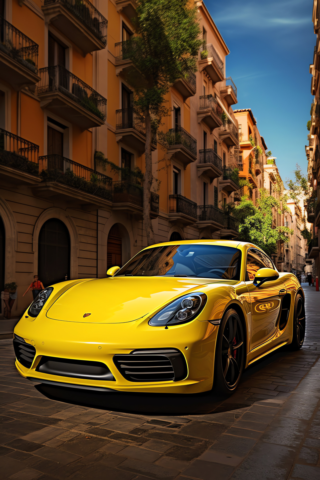 Porsche Cayman urban exploration, Barcelona cityscape, Bright yellow paintwork, Mediterranean flair, Dynamic street presence, HD Phone Image