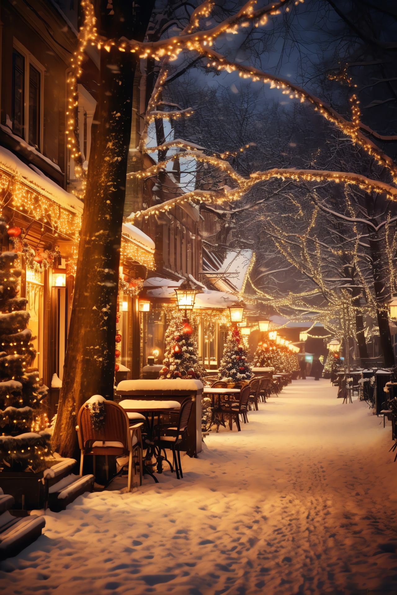 Evening streetscape glinting with white Christmas lights, snowy tableau, quaint marketplace, welcoming bistros, HD Phone Wallpaper