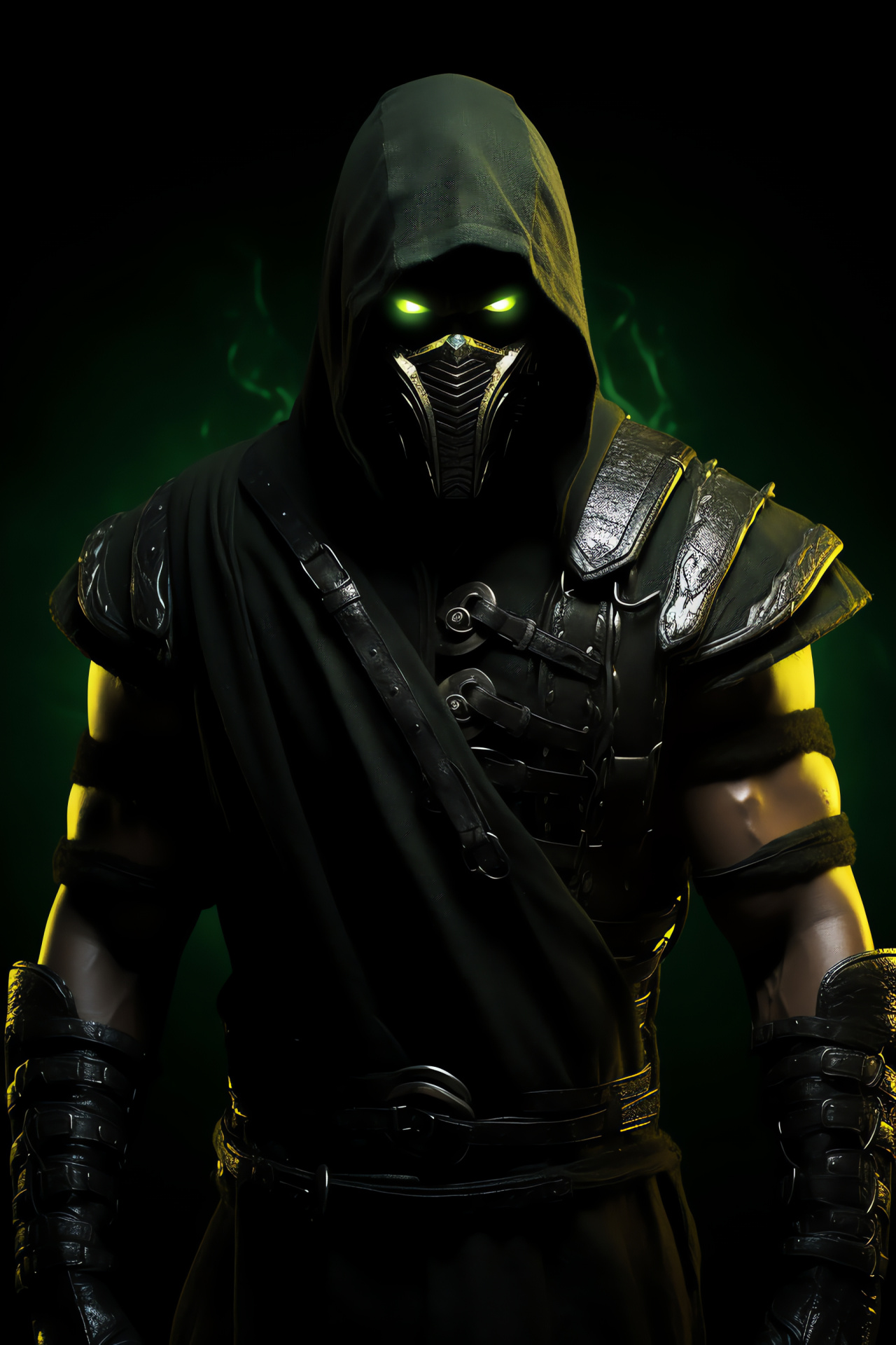 Noob Saibot visage, Yellow-eyed warrior, Mortal Kombat entrant, Combatant attire, Arcade fighter tradition, HD Phone Image