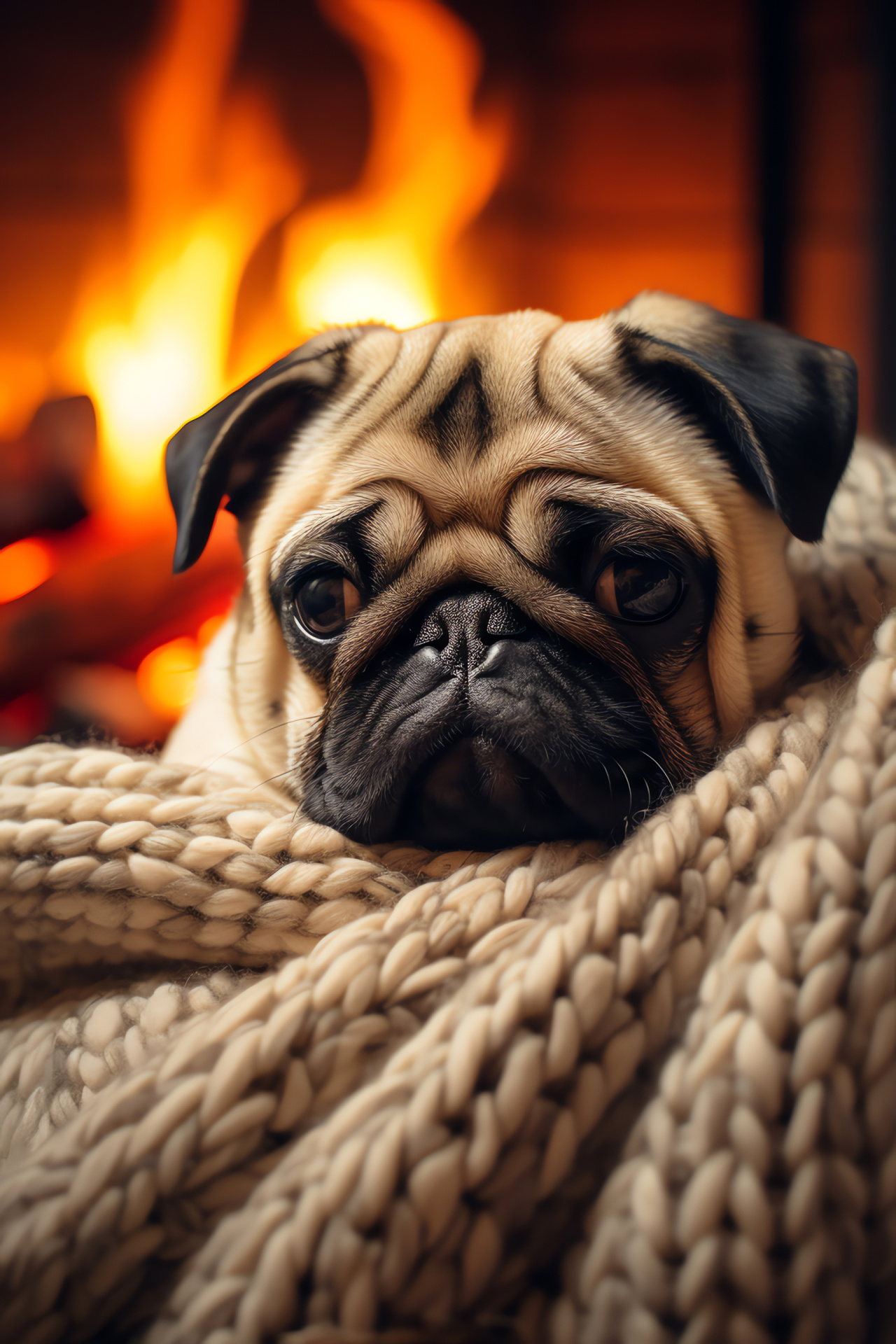 Pug canine, articulate animal expressions, brindle pattern fur, luxurious lounging spot, home setting comfort, HD Phone Wallpaper