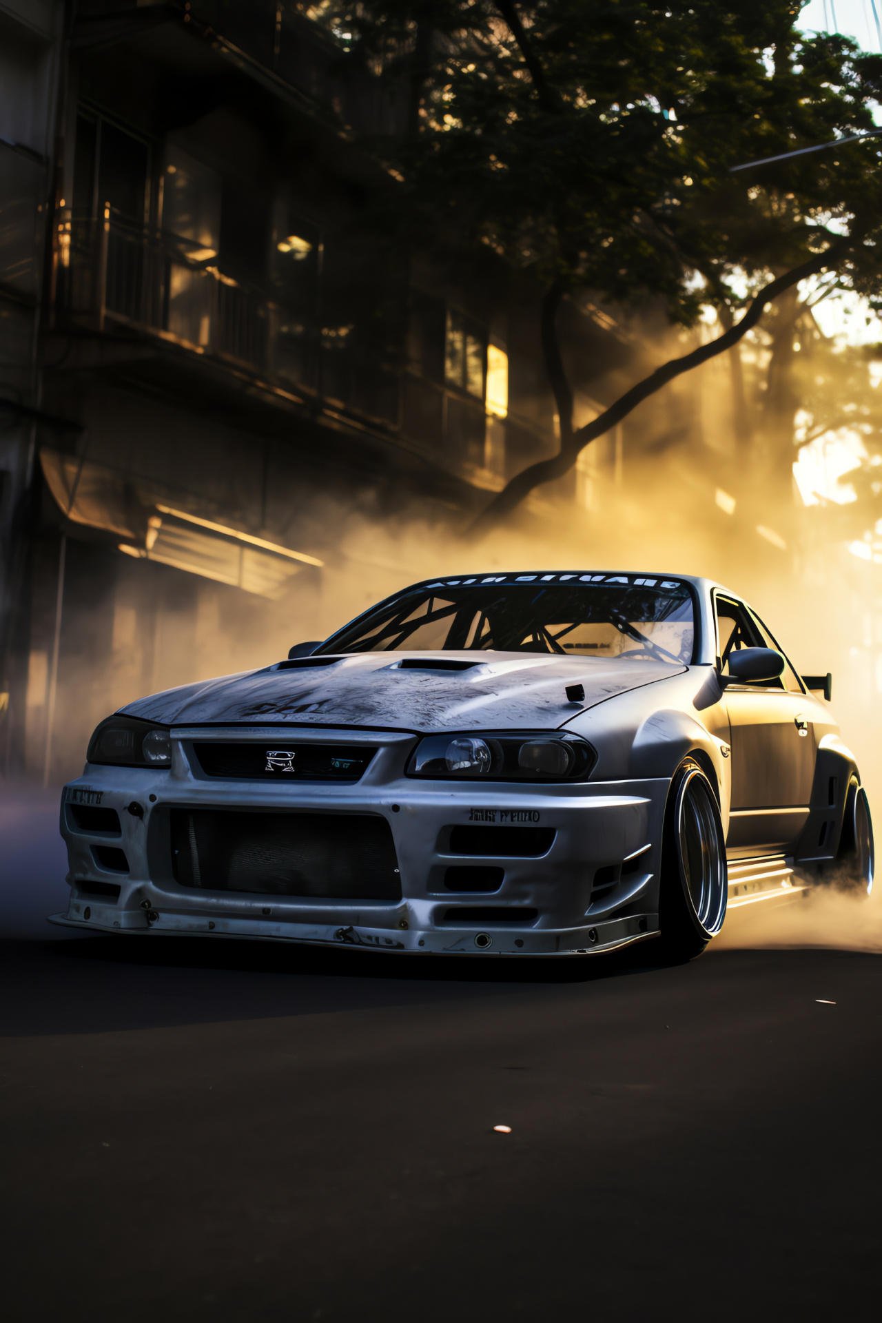 Drifting Nissan Skyline GT-R, Japanese performance vehicle, Tokyo automotive scene, Smoke-filled street racing, Aggressive Skyline posture, HD Phone Image