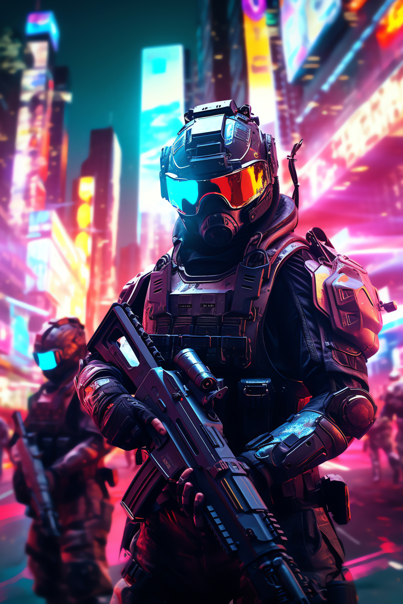 Futuristic soldier enhancements, neon cityscape, advanced warfare, augmented combatants, urban tactics, HD Phone Wallpaper