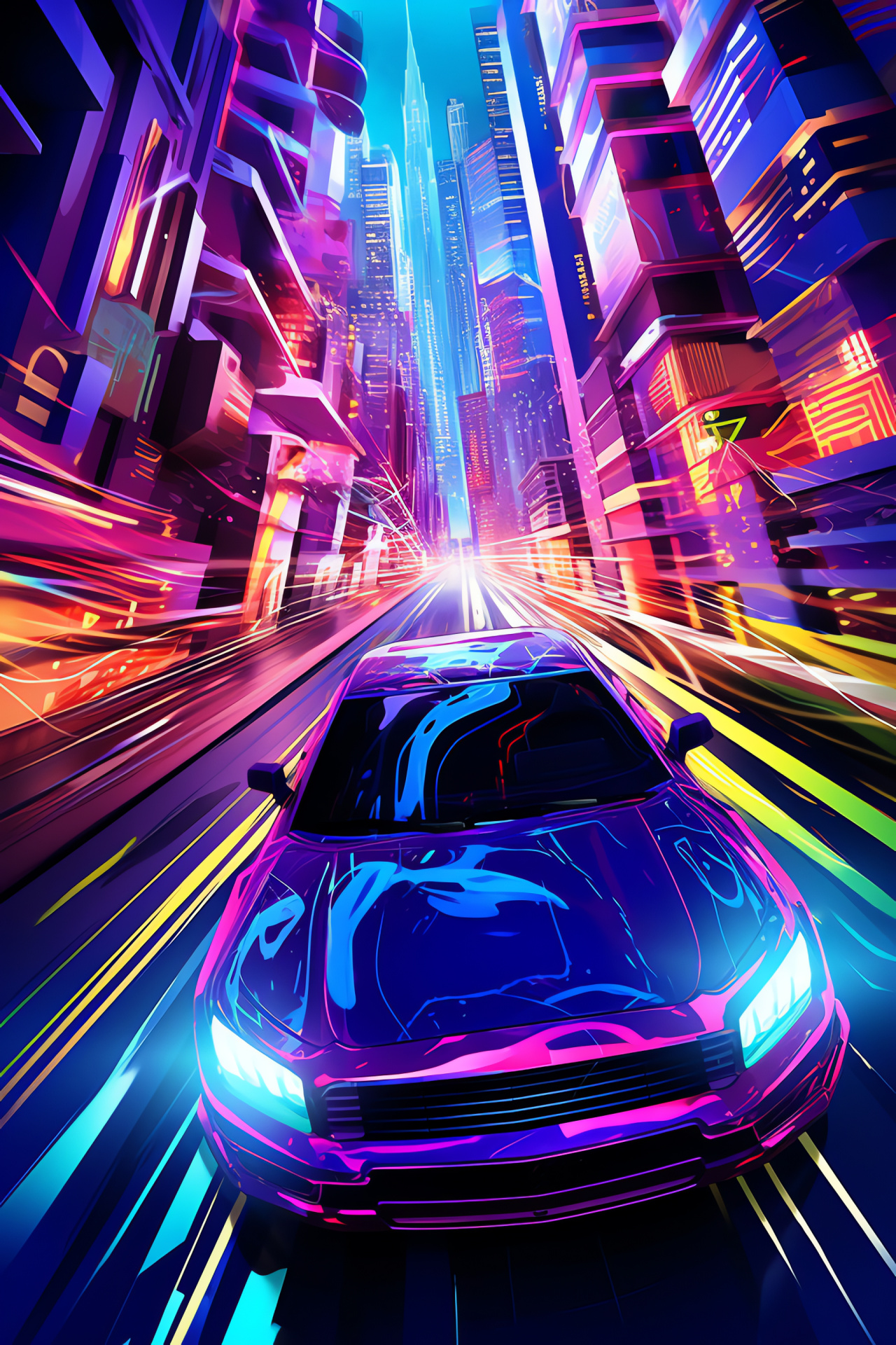 Illuminated urban car, high-angle city perspective, colorful city environment, neon advertising displays, HD Phone Wallpaper