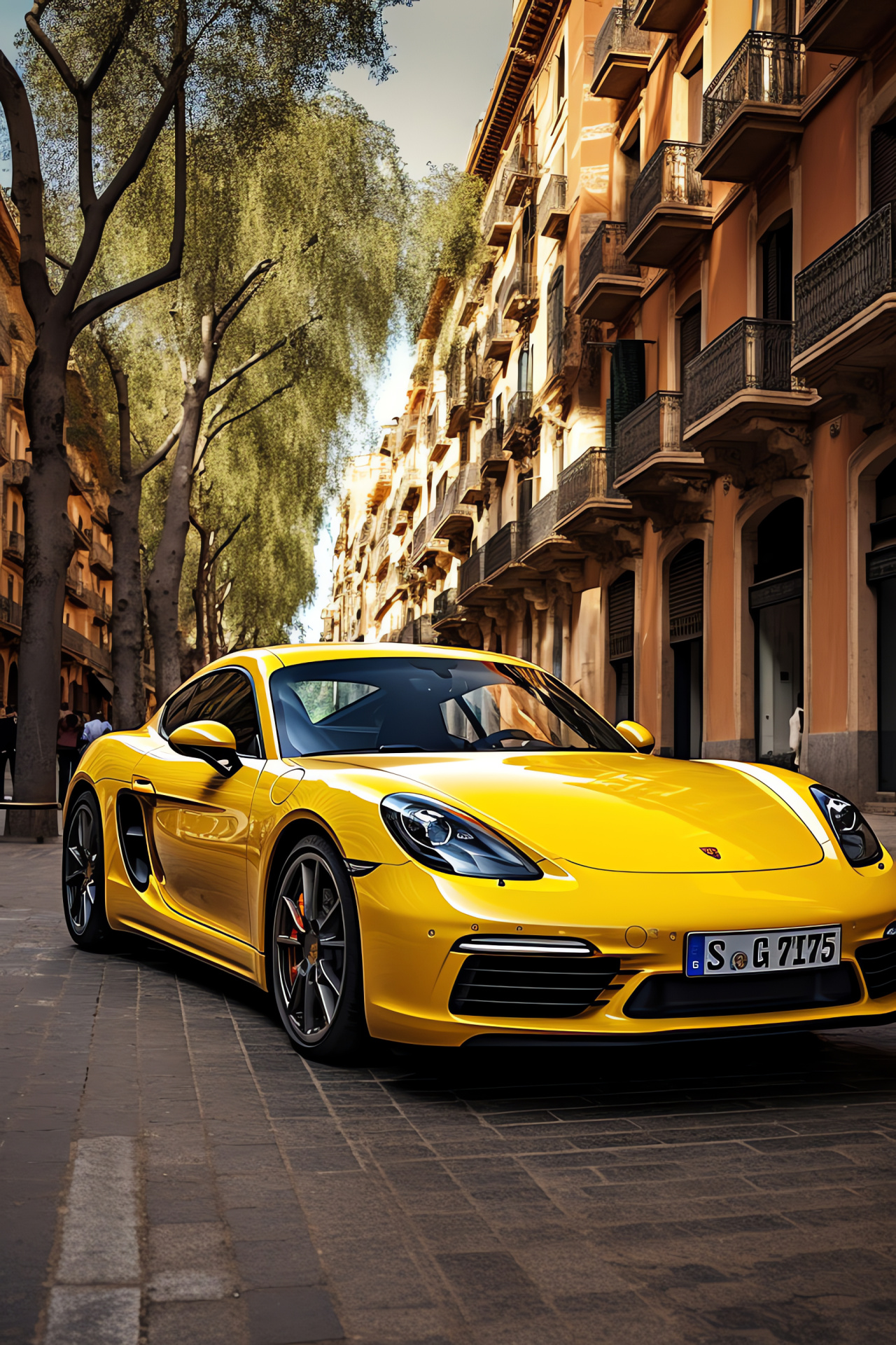 Porsche Cayman Barcelona, S model, Sunlit yellow shade, Catalonian city vibrancy, Lively urban road, HD Phone Wallpaper