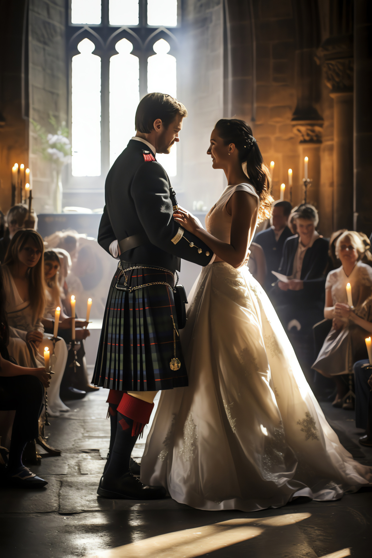 Scottish nuptial tradition, castle wedding backdrop, ceremonial Highland attire, bridal procession, heritage site, HD Phone Image