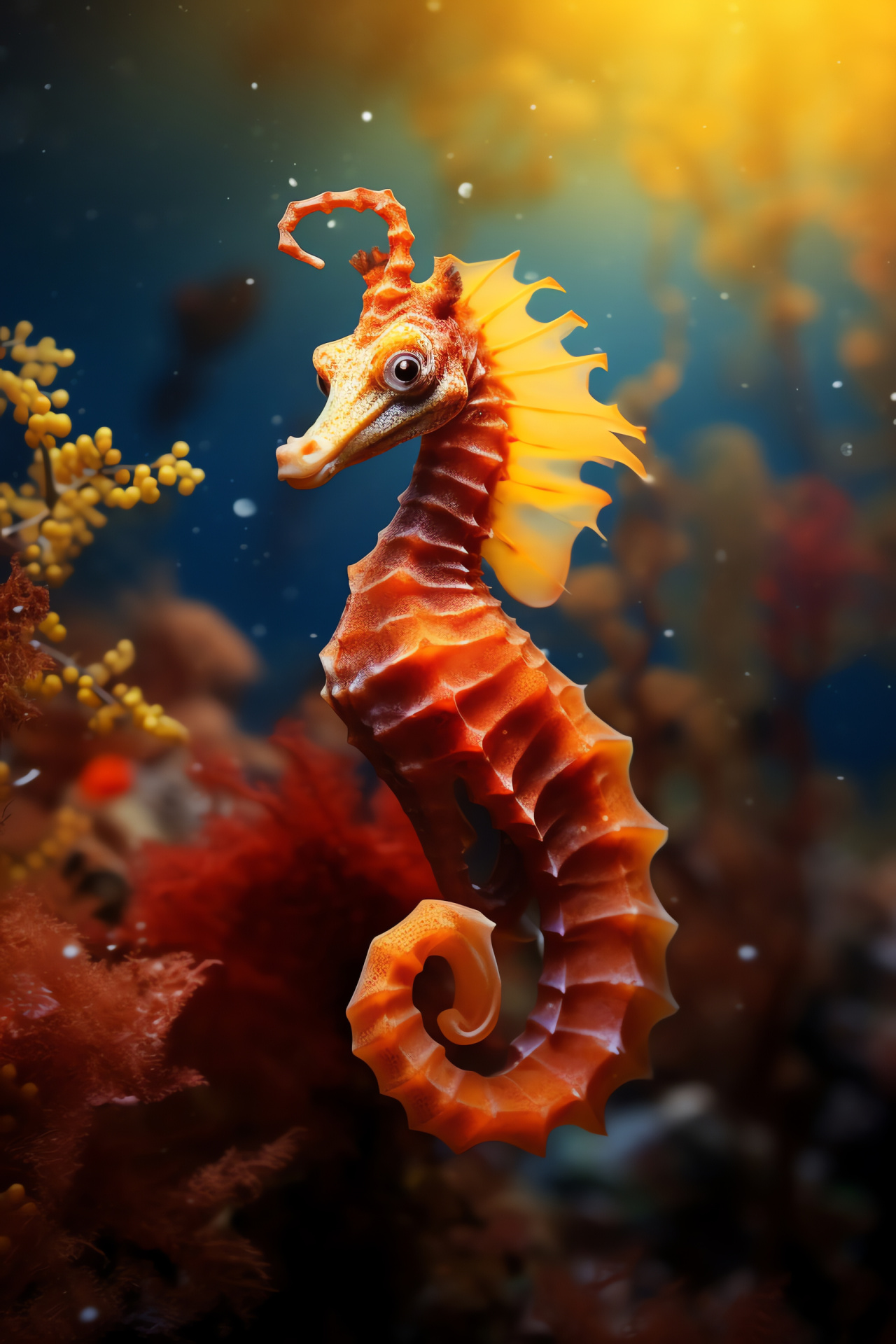 Red Sea Seahorse, Coral reef inhabitant, Yellow-red marine creature, Underwater garden Sea life, Seahorse amber vision, HD Phone Image