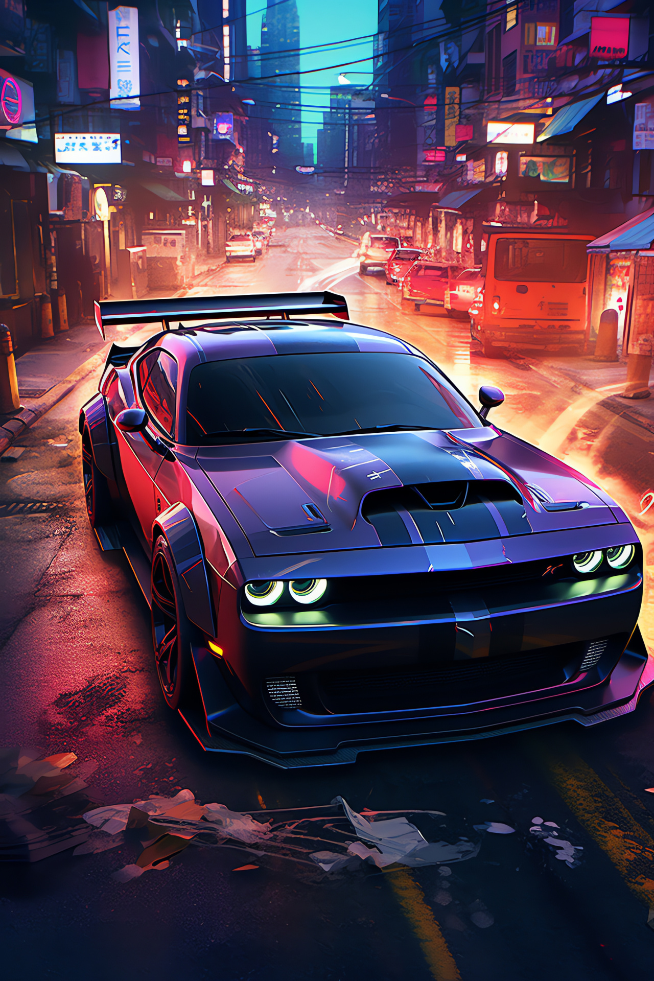 Dodge Challenger SRT Hellcat Redeye, Neon cityscape, Widebody silhouette, Urban night life, High horsepower, HD Phone Wallpaper