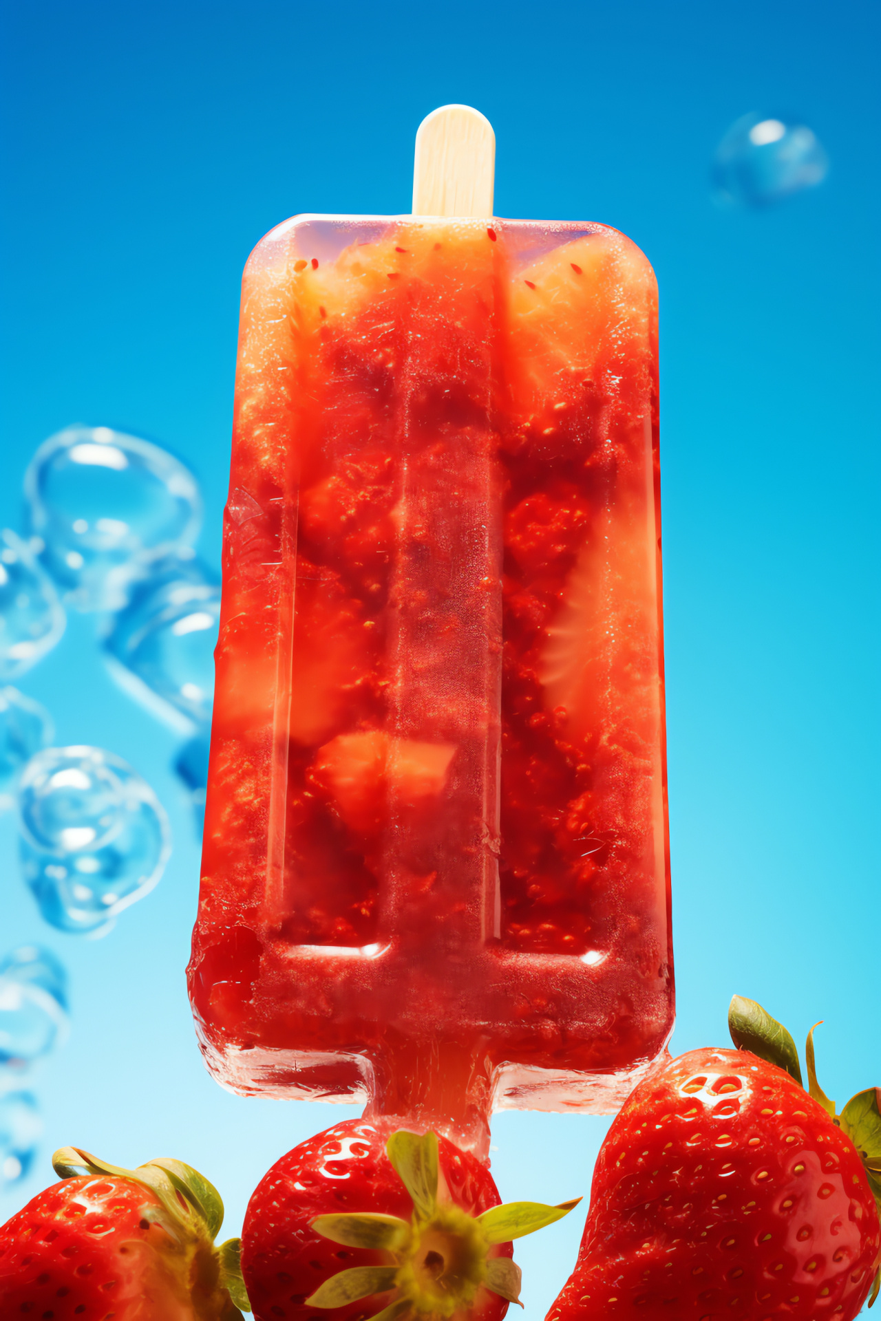 Strawberry popsicle, Frozen dessert, Summer treat, Blue sky backdrop, Fruit dessert, HD Phone Image