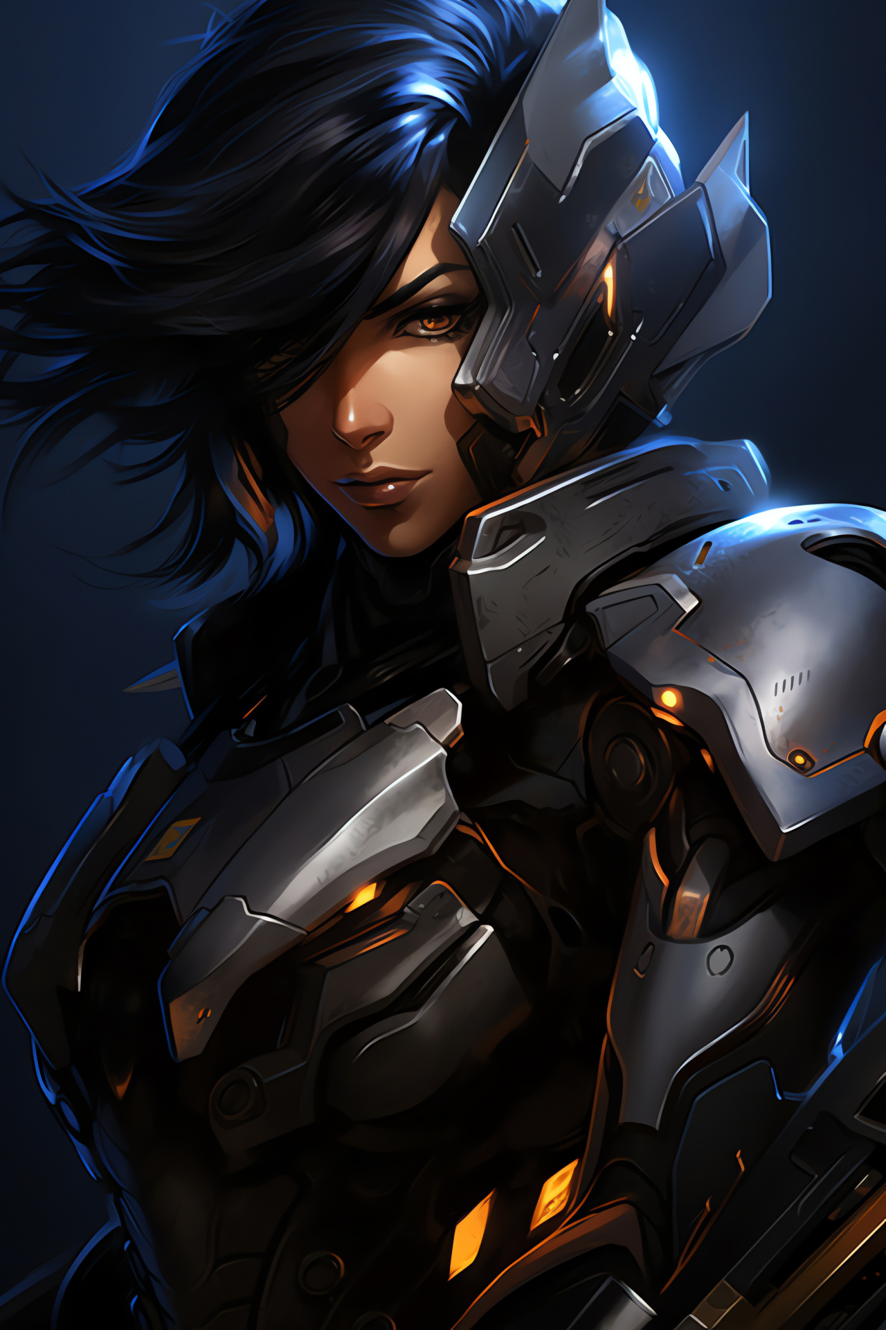 Pharah Overwatch portrayal, Rocket launcher highlight, Fierce combat expression, Eye detail clarity, Game character capture, HD Phone Image