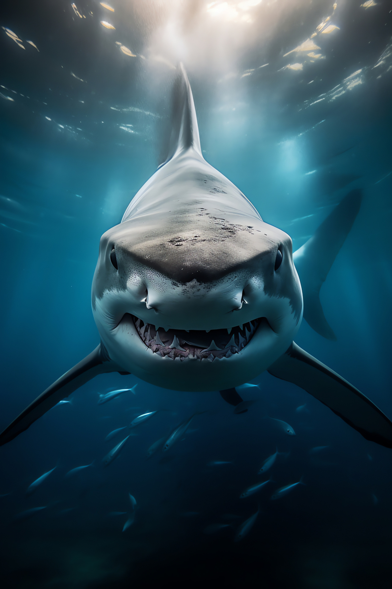 Bull shark presence, oceanic depth dweller, formidable sea hunter, intimidating aquatic behavior, marine animal power, HD Phone Image