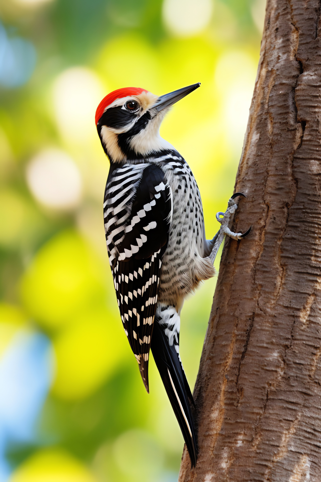 Ladder-backed Woodpecker, Picoides scalaris, Bark-climbing bird, Sunlight on feathers, Woodland avian, HD Phone Image