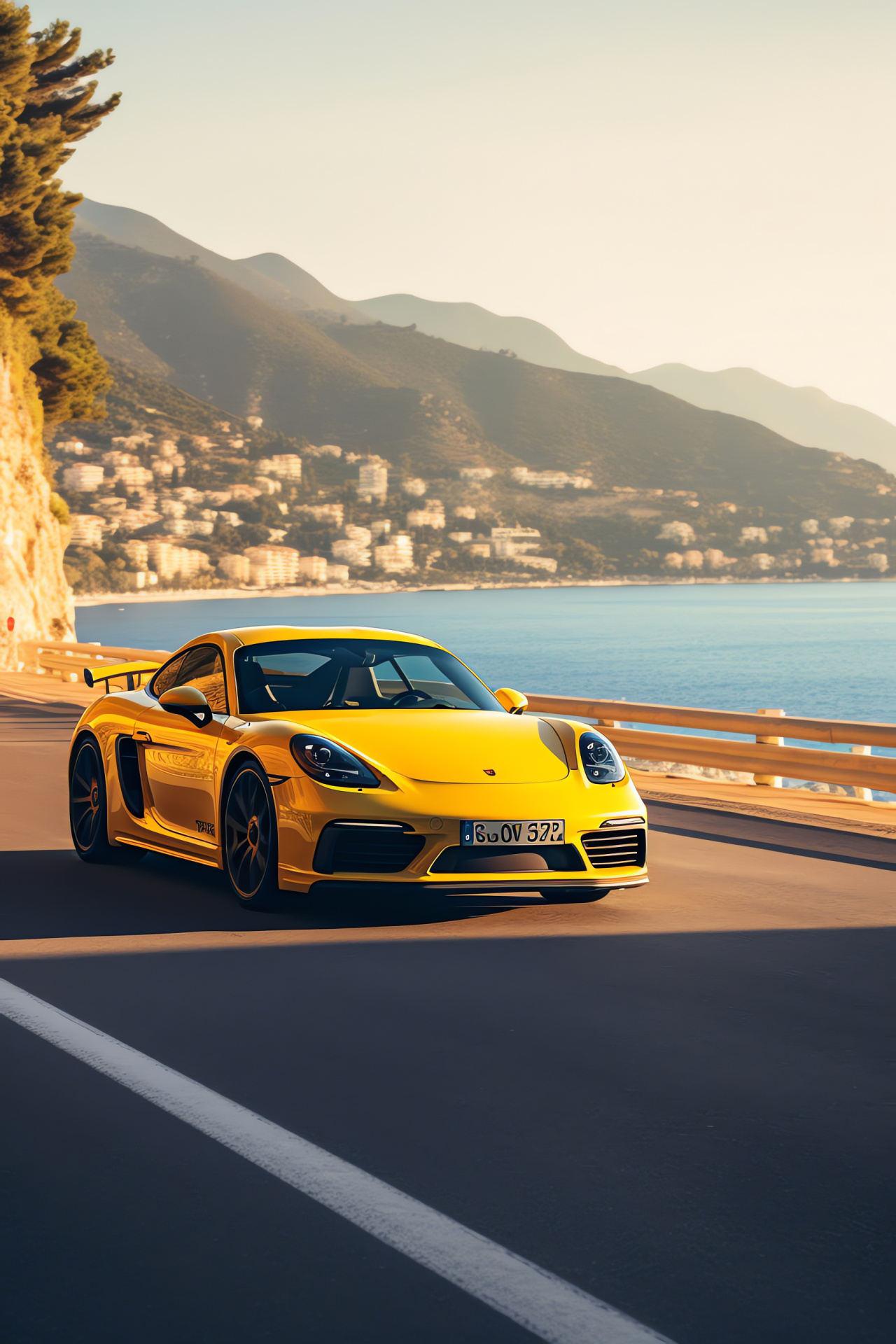 Porsche 718 Cayman GT4, Mediterranean roads, German sports car, Agile handling, Coastal performance, HD Phone Image