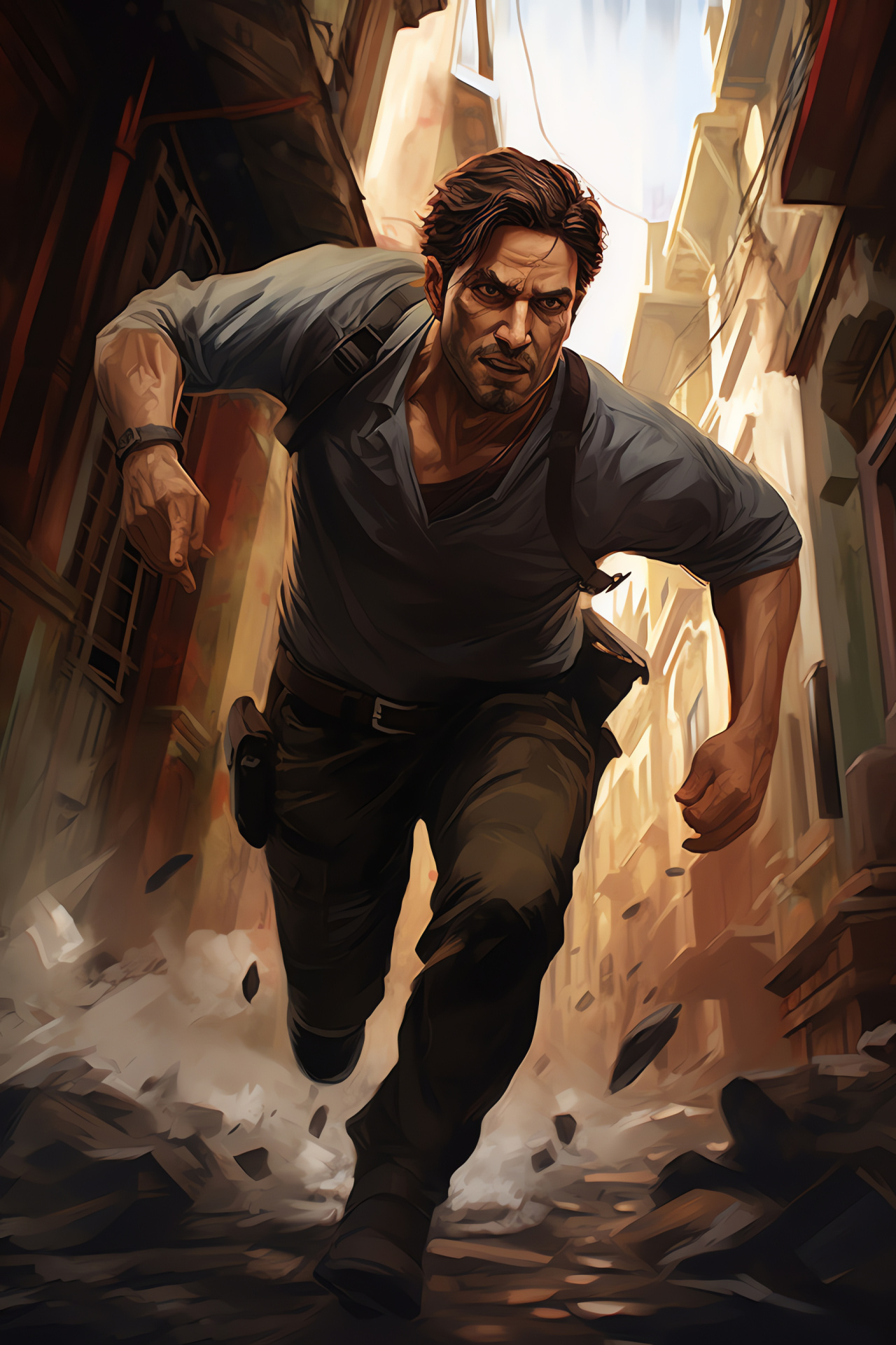 Uncharted series depiction, Console game saga, Samuel Drake, Questing personality, Confined passage, HD Phone Image