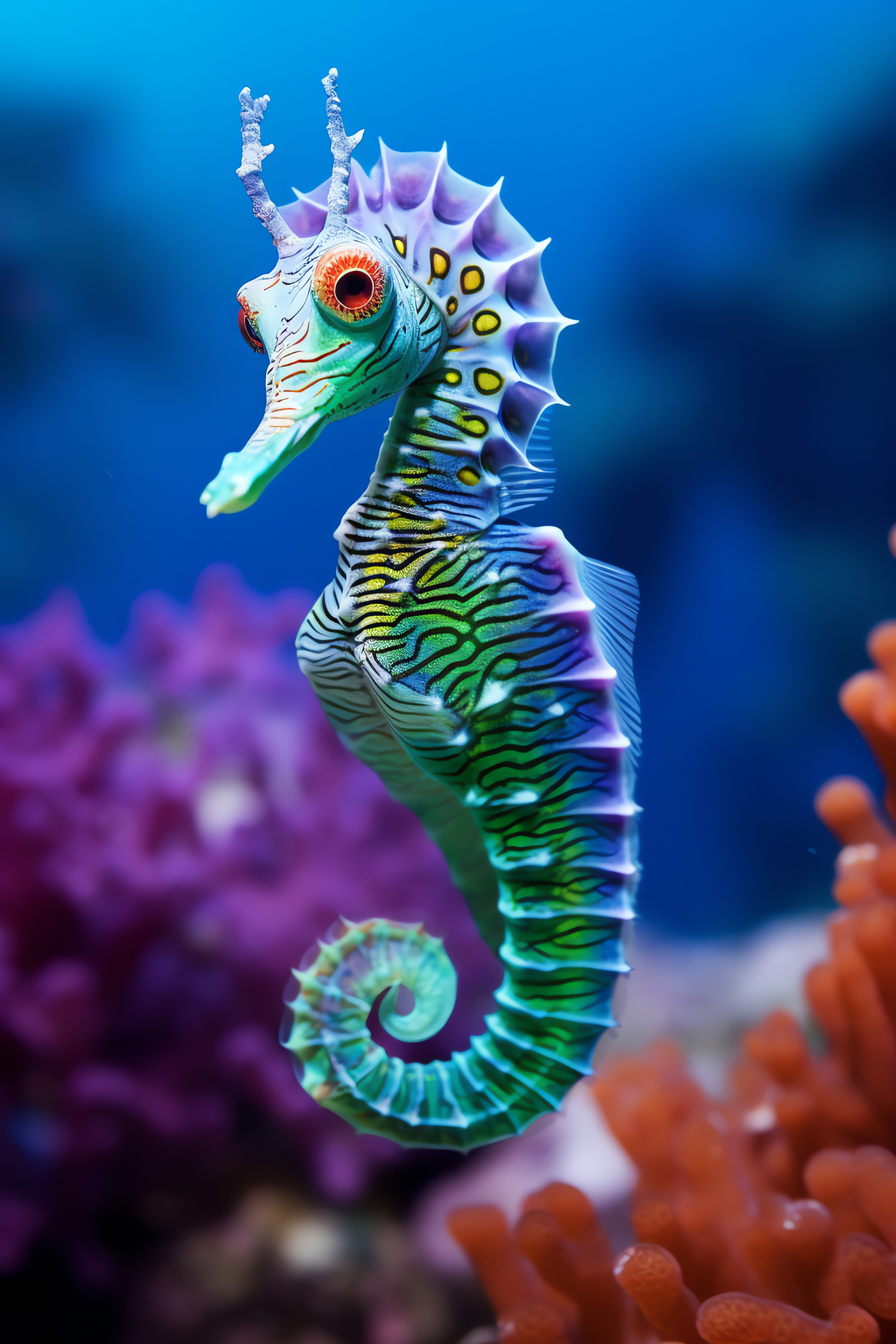 seahorse, purple coat, silver and gold embellishments, emerald gaze, Maldives reef, coral environment, HD Phone Image