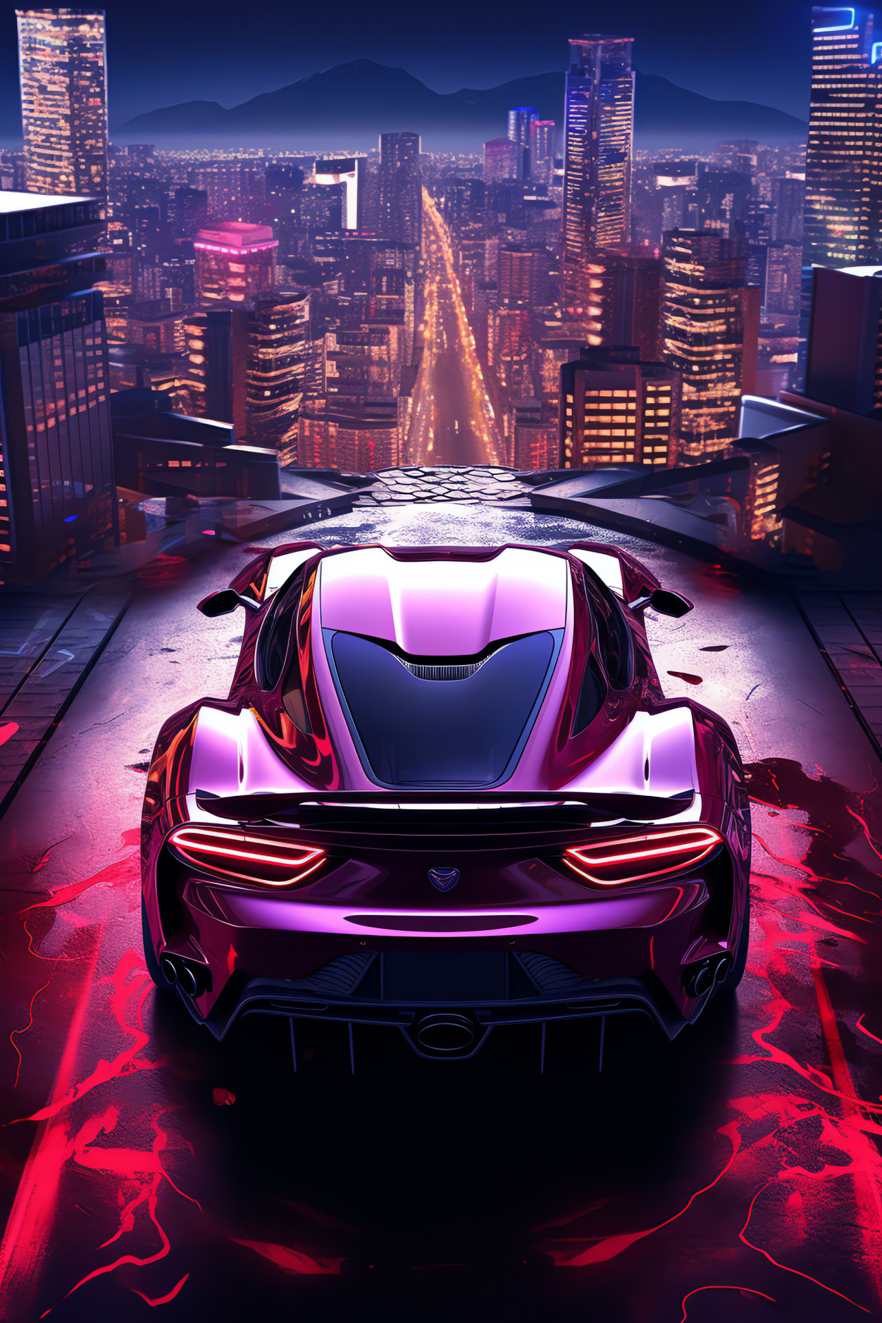 Futuristic Viper GTC, Overhead cityscape, Urban neon glow, Modernity meets classic, Nightly allure, HD Phone Image