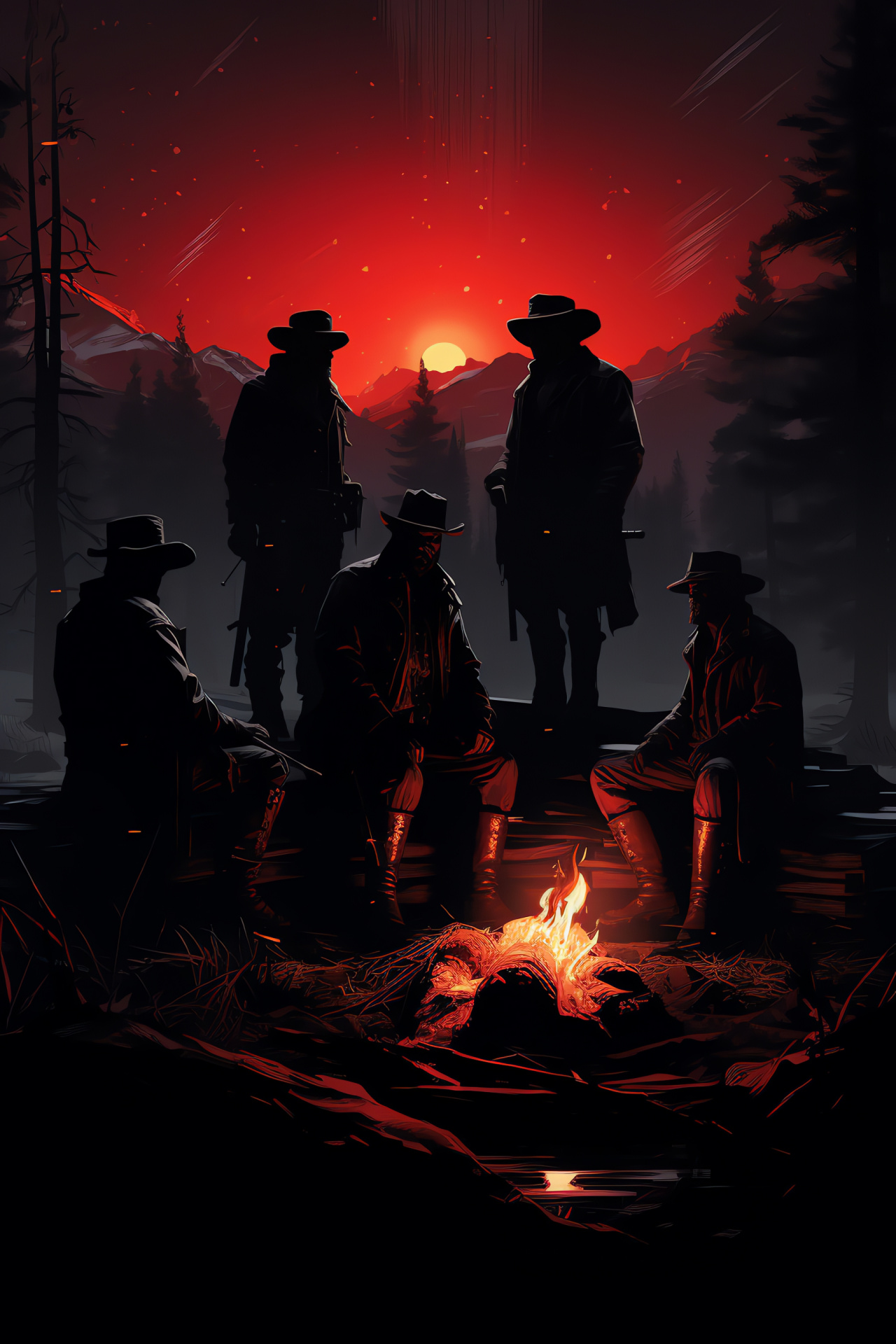 Outlaw camp scene Red Dead, Bandits around campfire, Nighttime in forest, Flames light up faces, Red Dead wilderness, HD Phone Wallpaper