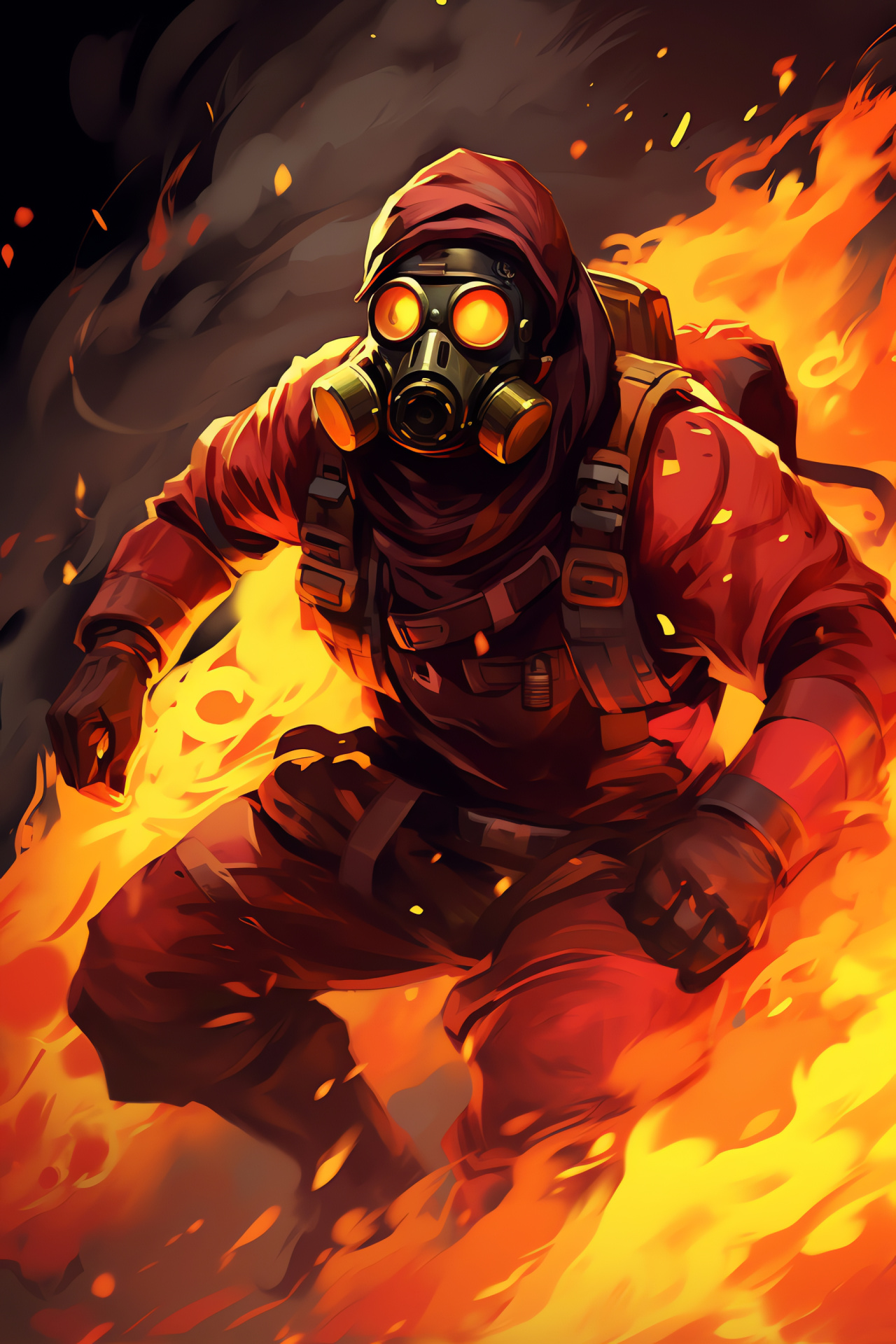 Pyro character, Team Fortress game play, Intense action scene, Pyrotechnic combat, Online gaming icon, HD Phone Wallpaper