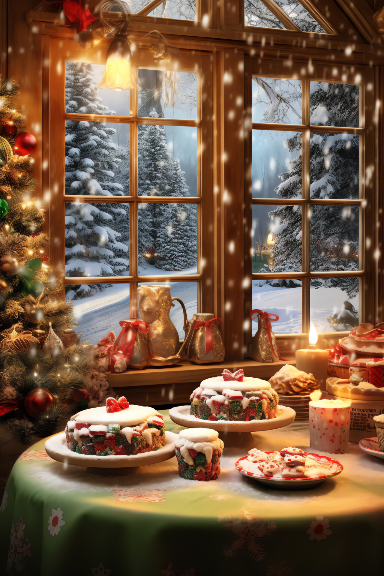 Vintage Christmas scene on Windows 7, festive treats on tabletop, holiday cottage charm, adorned evergreen wreaths, HD Phone Wallpaper