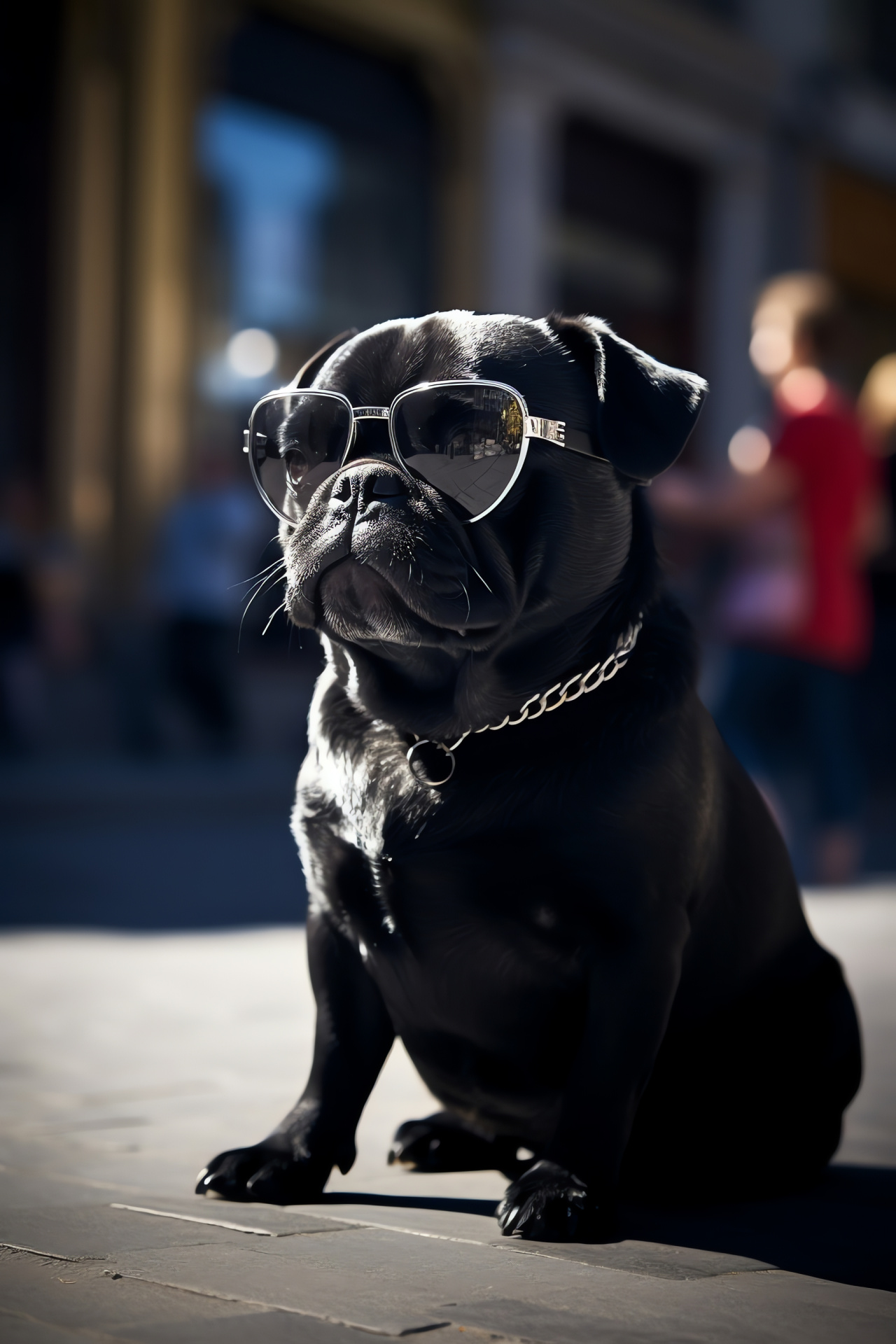 Fashionable pug dog, Sunglass accessory, Urban pet style, Lustrous coat, Public pathway, HD Phone Wallpaper