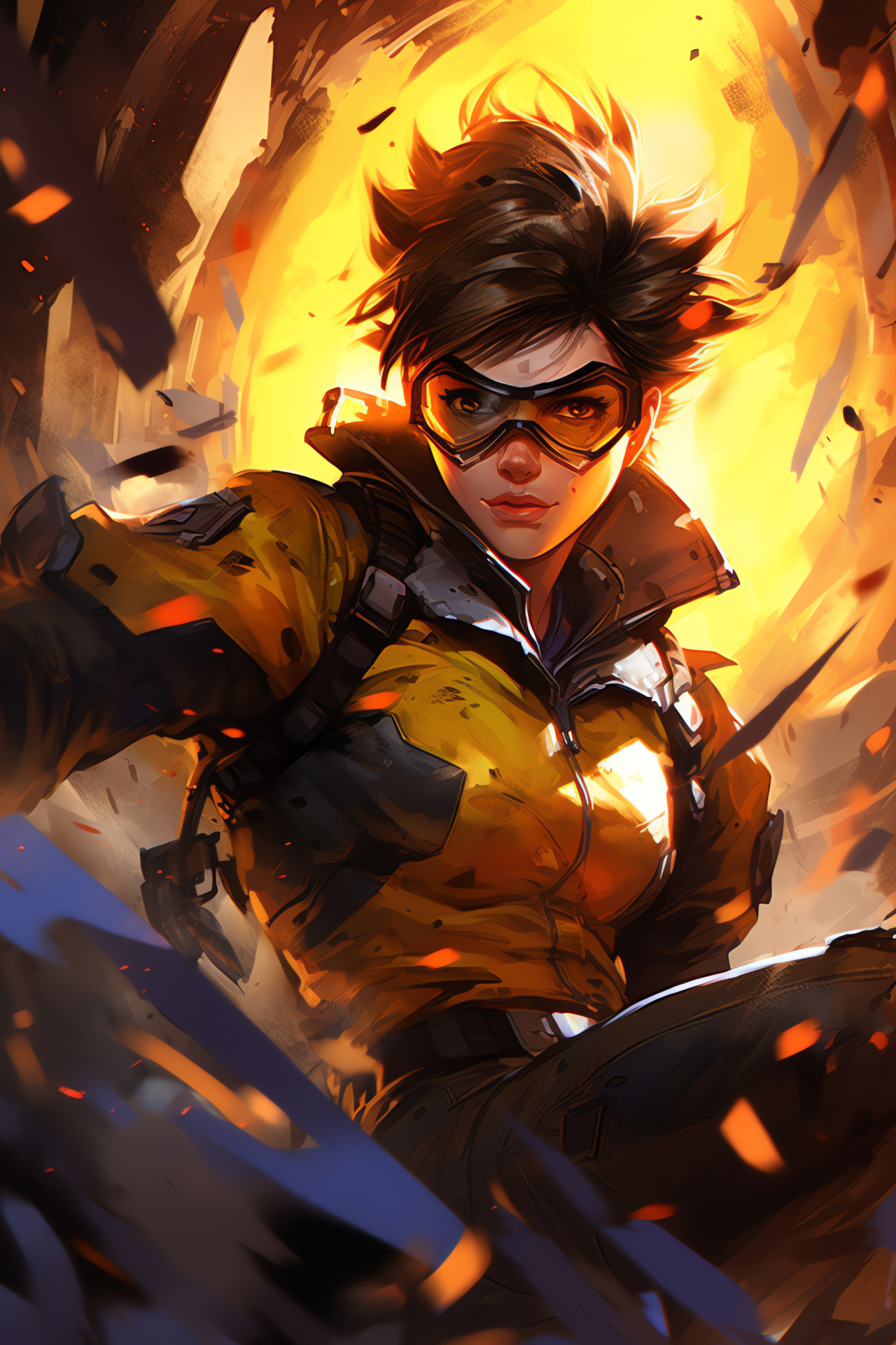 Overwatch game Tracer, Sci-fi hero, Chronal Accelerator gadget, Fast-paced combat, Ruined landscape, HD Phone Wallpaper