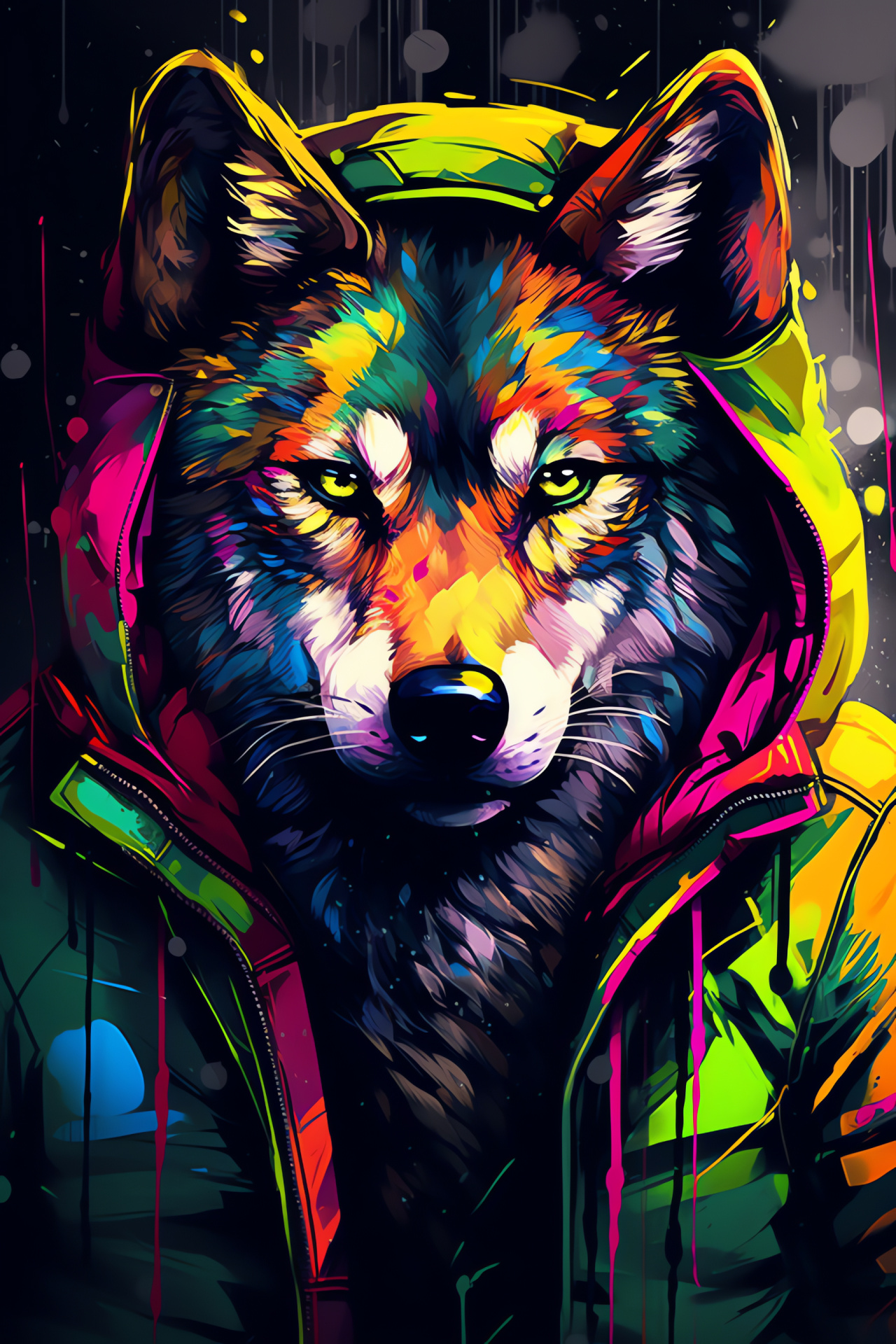 Graffiti-inspirited Wolf, Urban art aesthetic, Vibrant short fur, Green-eyed canine, Cultural park environment, HD Phone Wallpaper