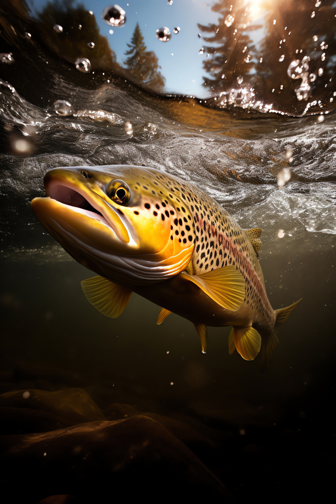 Brown Trout in water, Olive toned scales, Riverine species, Splendid aquatic flora, HD Phone Image