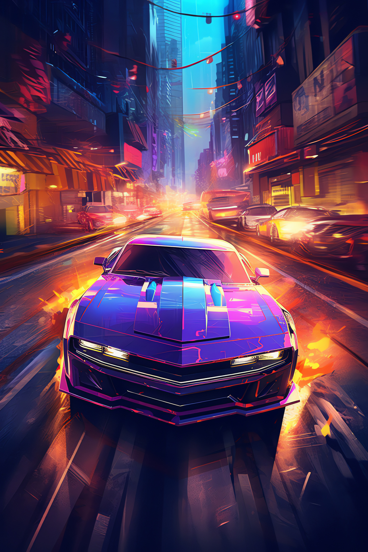 Muscle car flair, Sky-high automotive, Neon cityscape, Retro-modern vehicle, Nightlife driving, HD Phone Image