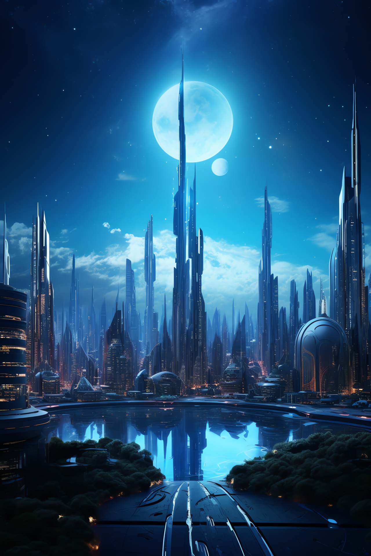 Futuristic visions, Metropolis skyline, High-tech architecture, Urban advancement, Space age city, HD Phone Image