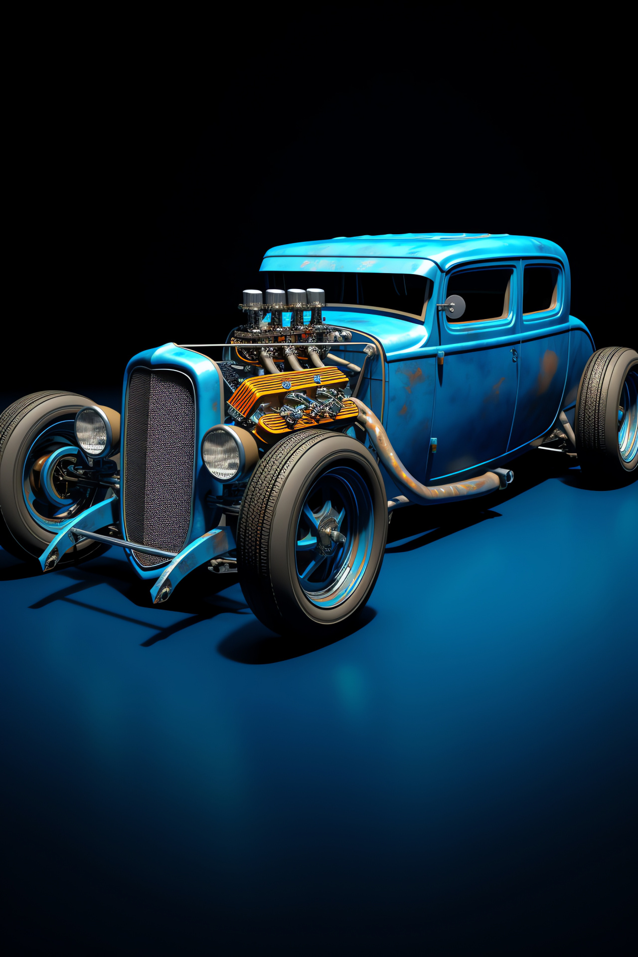 Rat Rod Oceanic Fury, High view angle, Deep blue tones, Car customization, Ocean-inspired vehicle, HD Phone Image