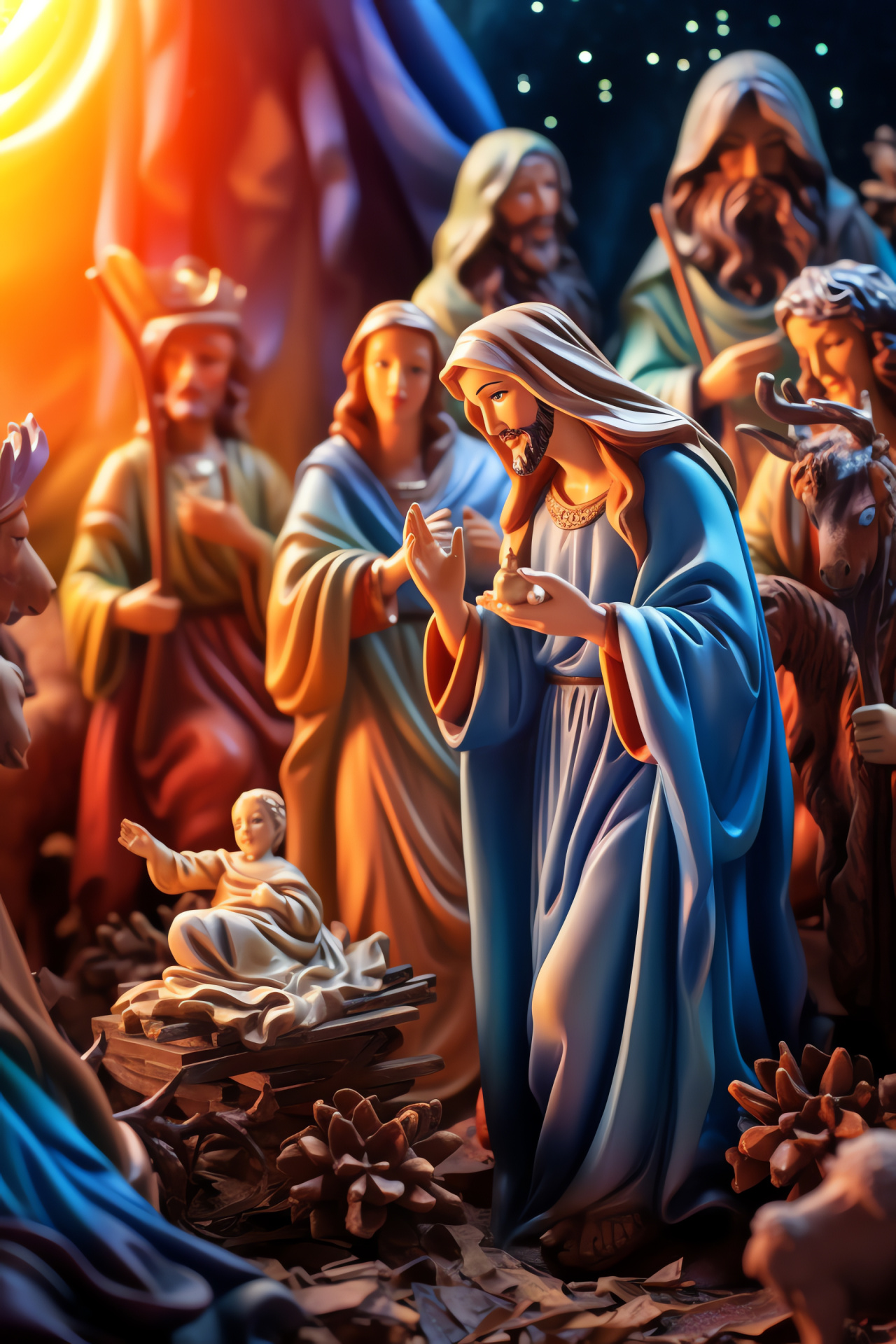 Traditional Christmas scene, Christian nativity depiction, religious figures, Biblical gifts, sacred ambiance, HD Phone Image